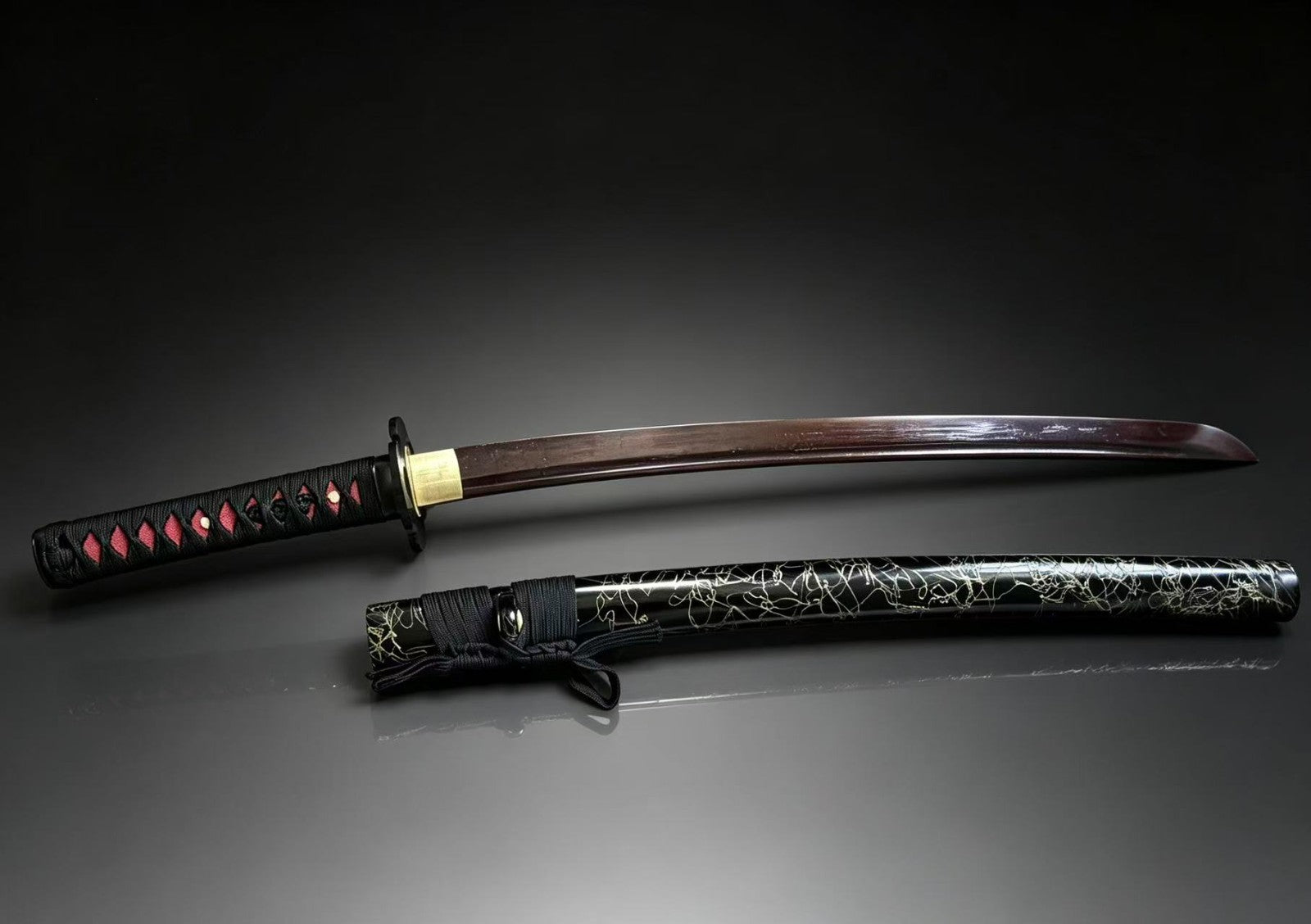 Japanese Katana Sword, 30-Inch Decorative Samurai Sword with Black Scabbard, Red