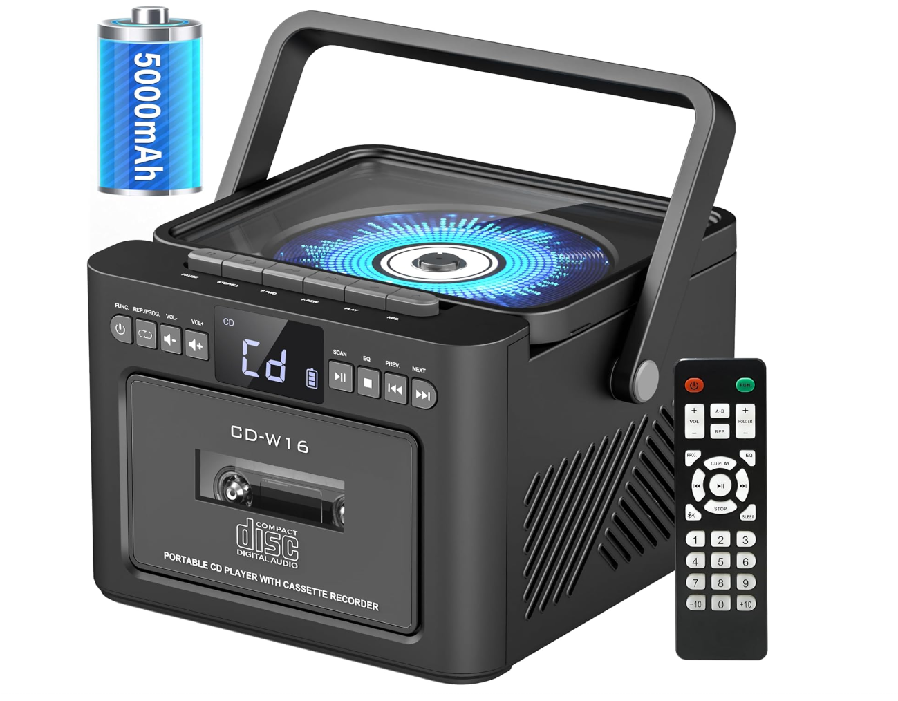 Portable CD Player with Cassette Recorder, AM/FM Radio, Bluetooth, Remote Contro
