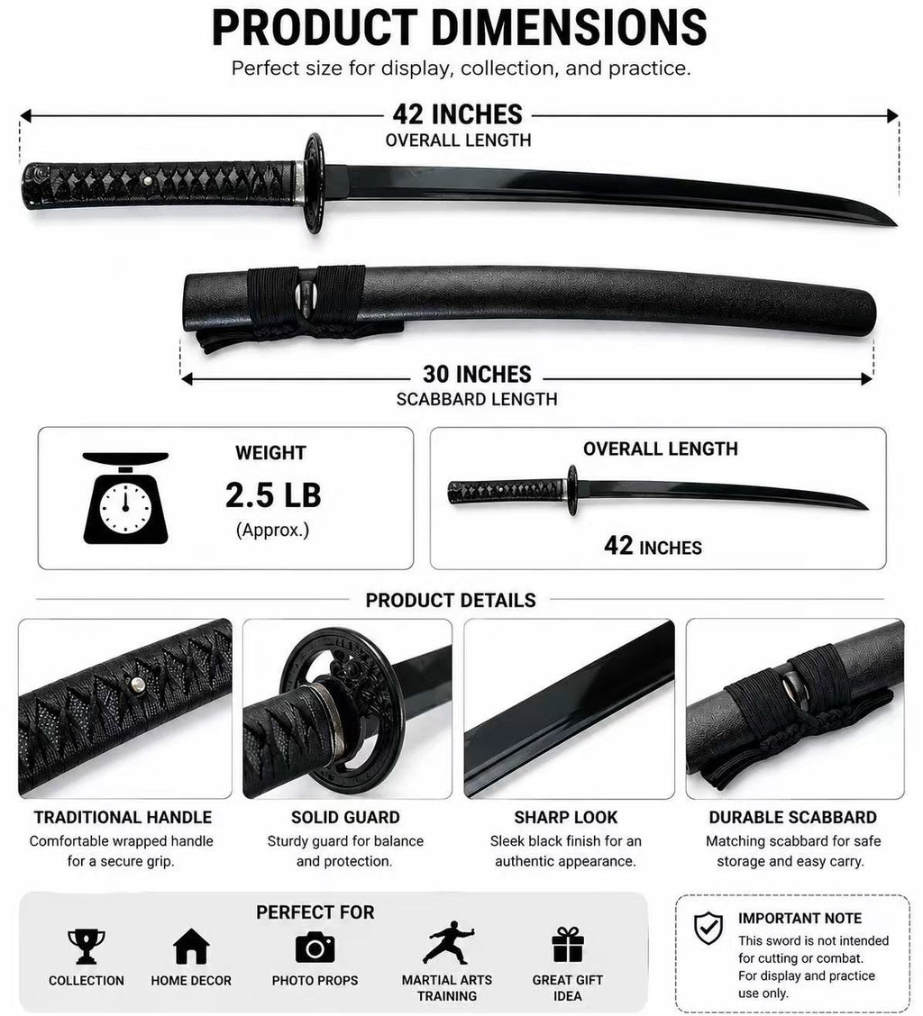 Black Japanese Style Decorative Katana Sword with Scabbard Display Collectible