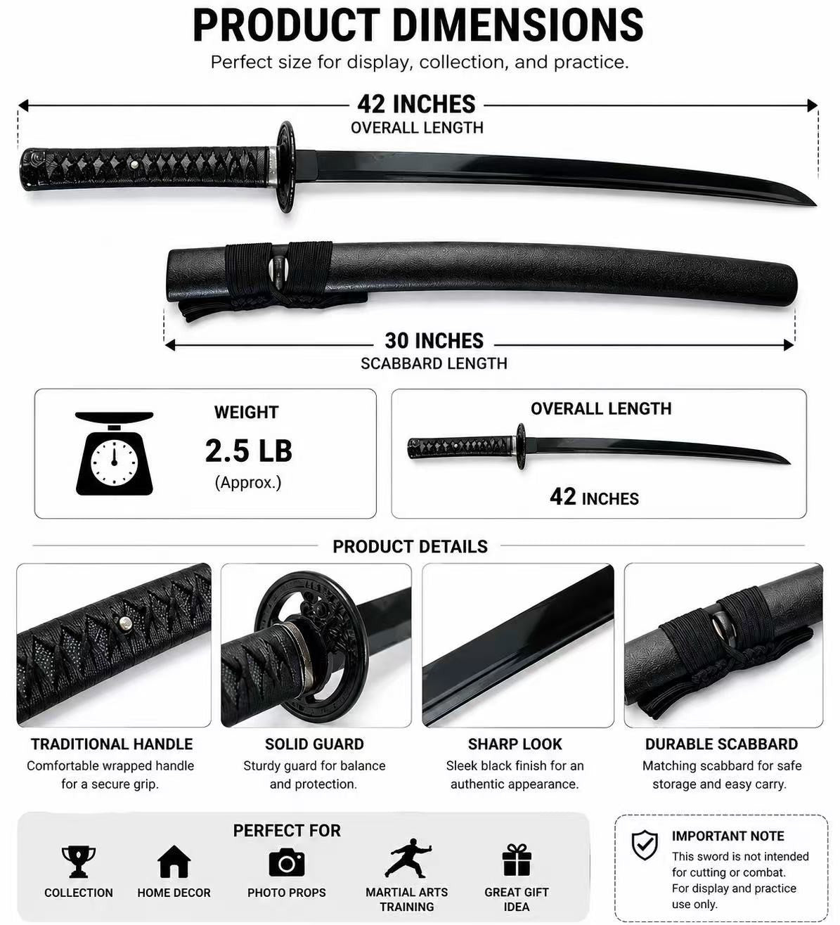 Black Japanese Style Decorative Katana Sword with Scabbard Display Collectible