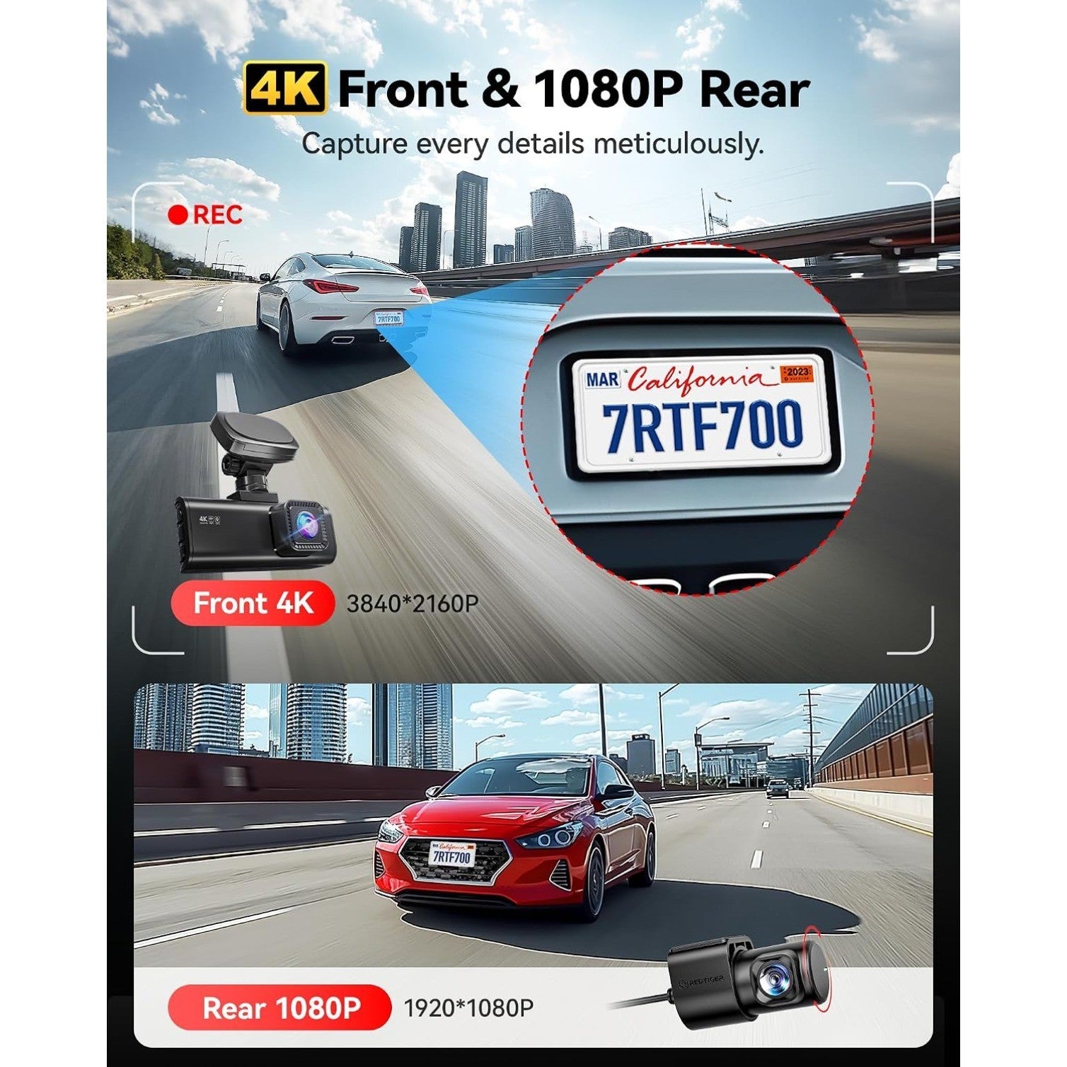 F7N Pro 4K Dash Cam Front and Rear, 2 Sensor, 4K/2.5K+1080P Dual Dash Camera