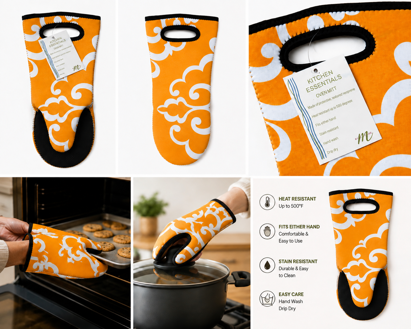 Kitchen Essentials 2 Pack Neoprene Oven Mitts Heat Resistant 500°F Orange Scroll