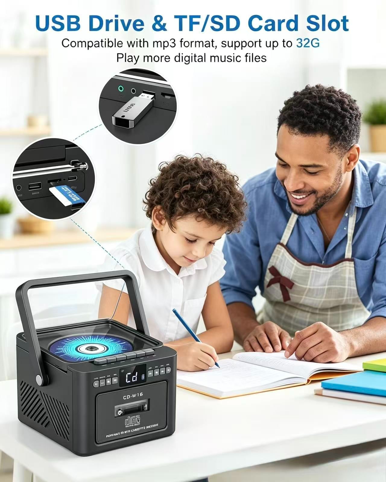 Portable CD Player with Cassette Recorder, AM/FM Radio, Bluetooth, Remote Contro