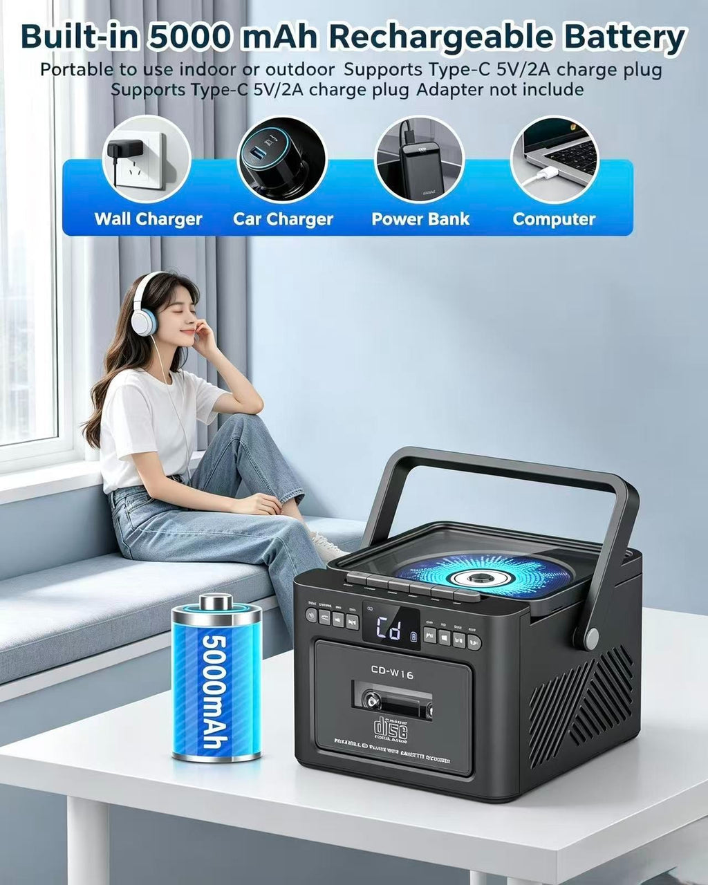 Portable CD Player with Cassette Recorder, AM/FM Radio, Bluetooth, Remote Contro