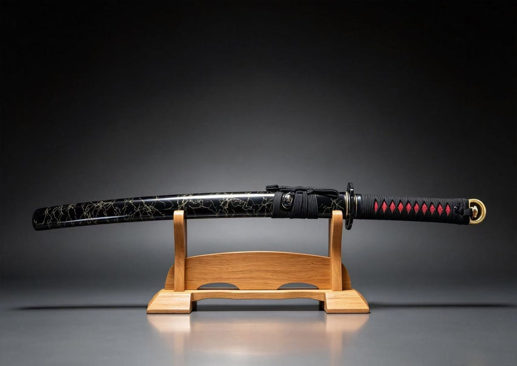 Japanese Katana Sword, 30-Inch Decorative Samurai Sword with Black Scabbard, Red