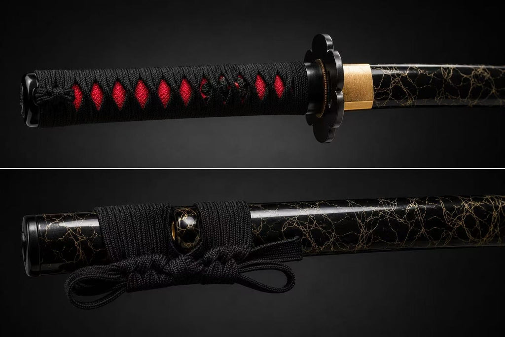 Japanese Katana Sword, 30-Inch Decorative Samurai Sword with Black Scabbard, Red