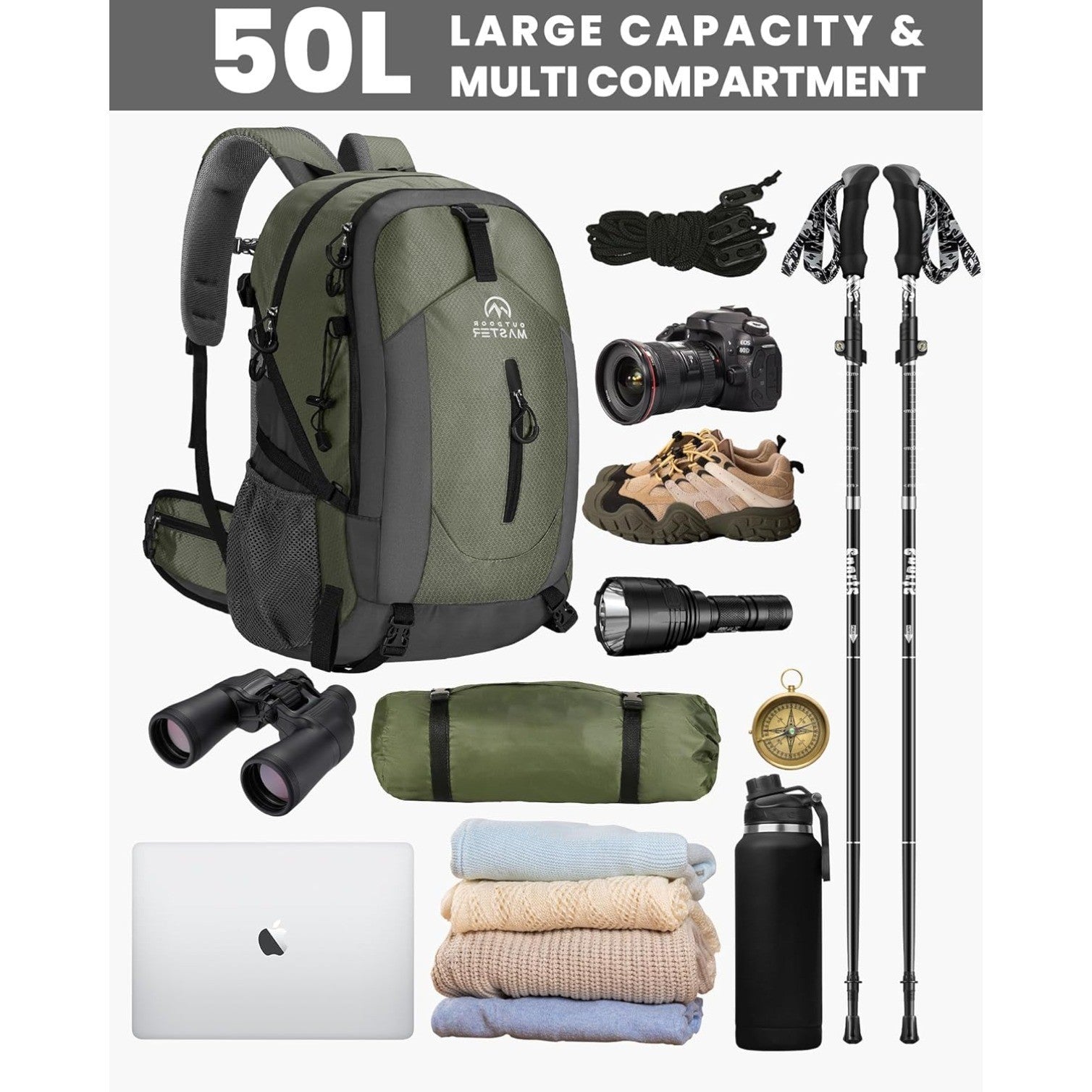 50L Hiking Backpack with High Strength Aluminum Support, with Rain Cover