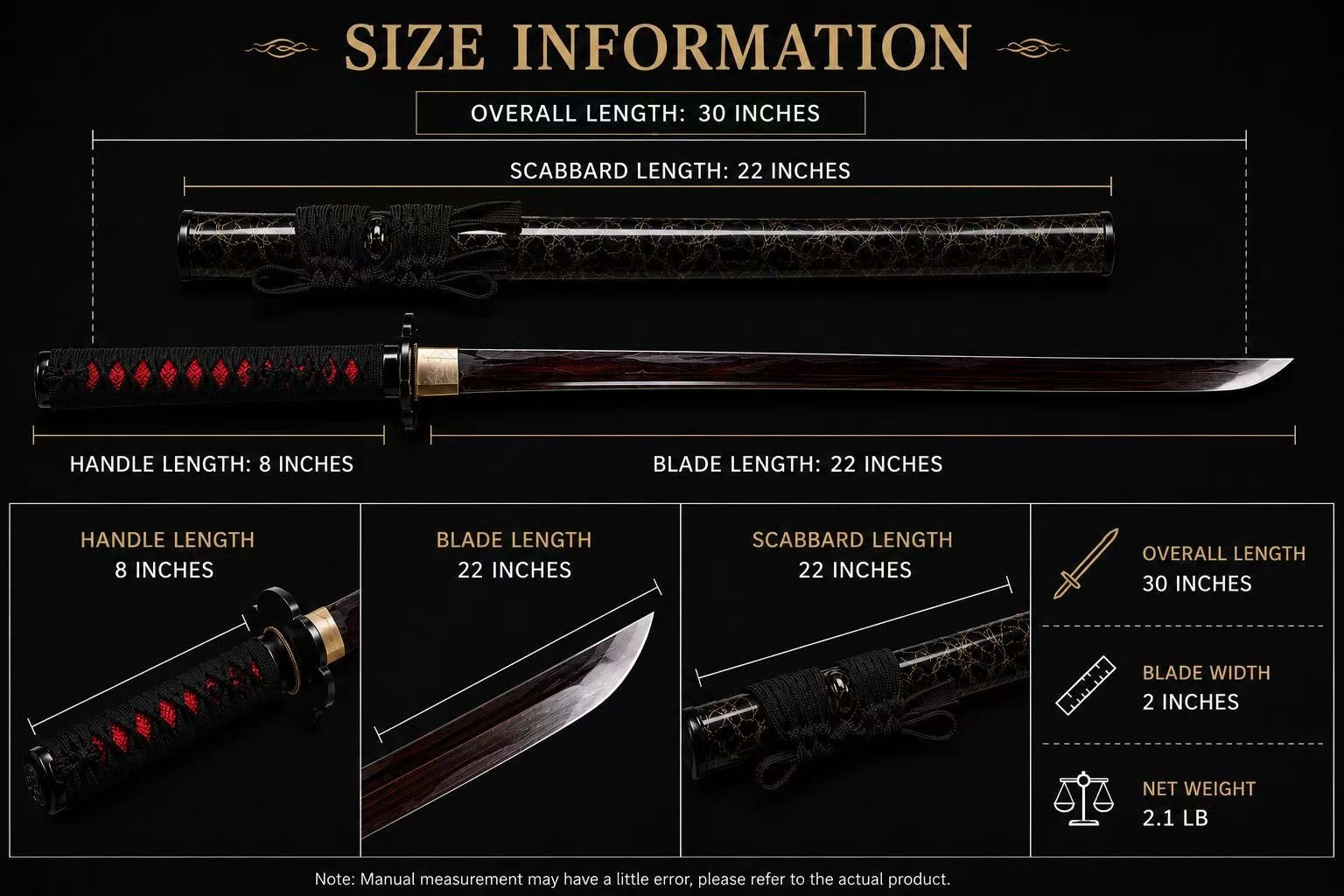 Japanese Katana Sword, 30-Inch Decorative Samurai Sword with Black Scabbard, Red