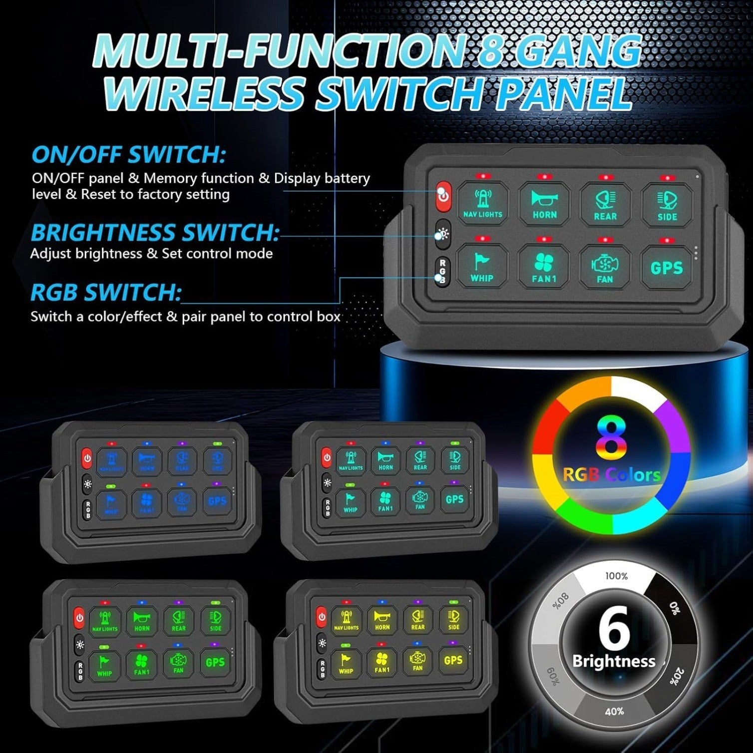 8 Gang RGB Wireless Switch Panel, Remote Control Up to 100 m, Backlight