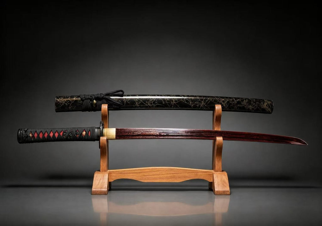 Japanese Katana Sword, 30-Inch Decorative Samurai Sword with Black Scabbard, Red