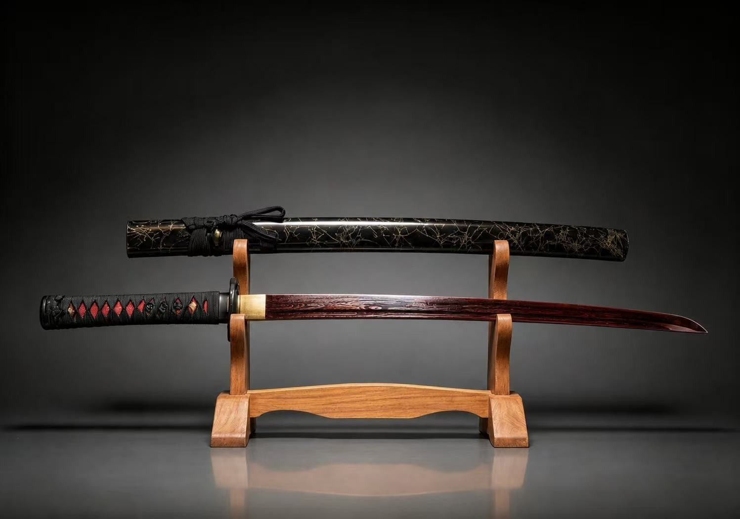 Japanese Katana Sword, 30-Inch Decorative Samurai Sword with Black Scabbard, Red