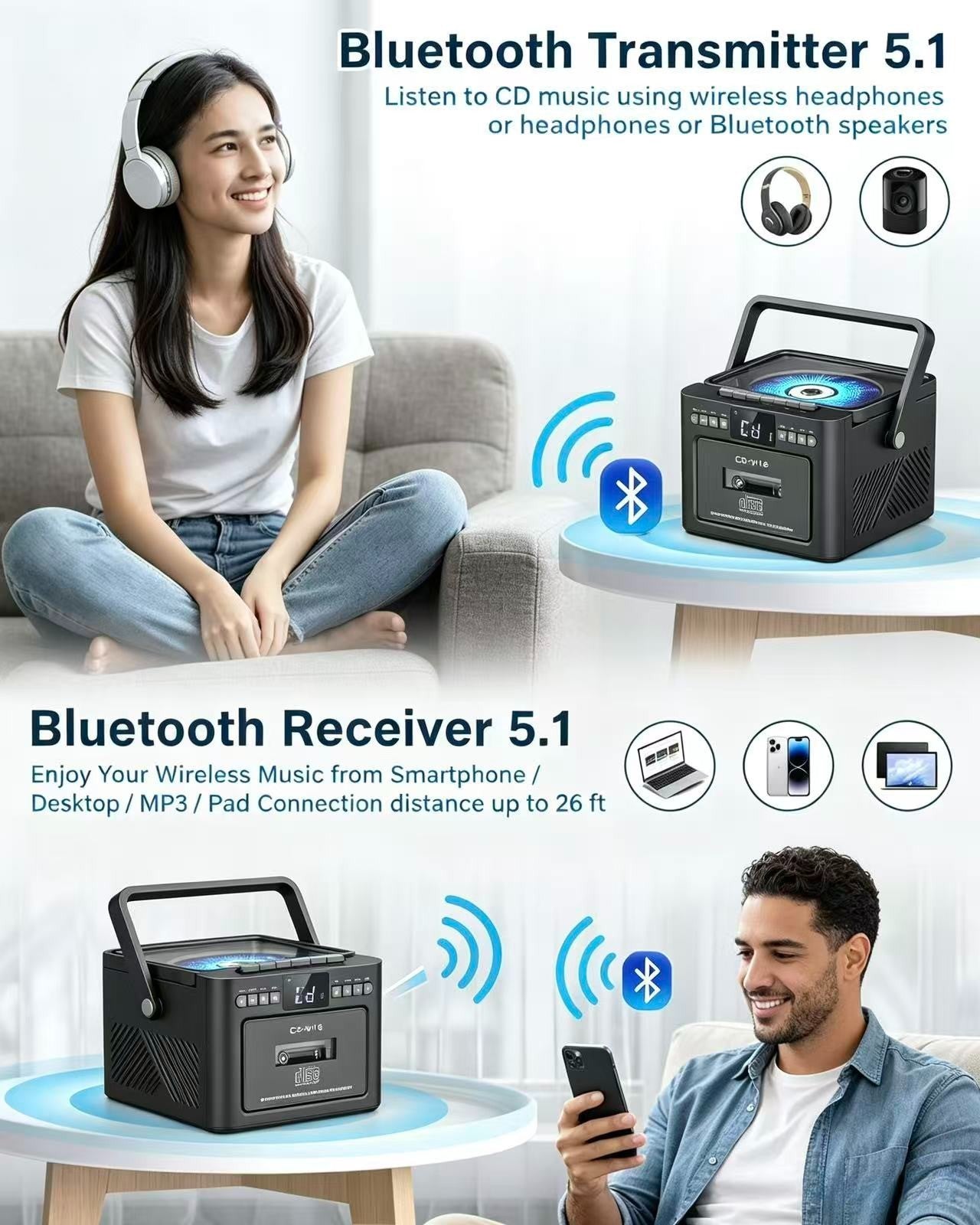Portable CD Player with Cassette Recorder, AM/FM Radio, Bluetooth, Remote Contro