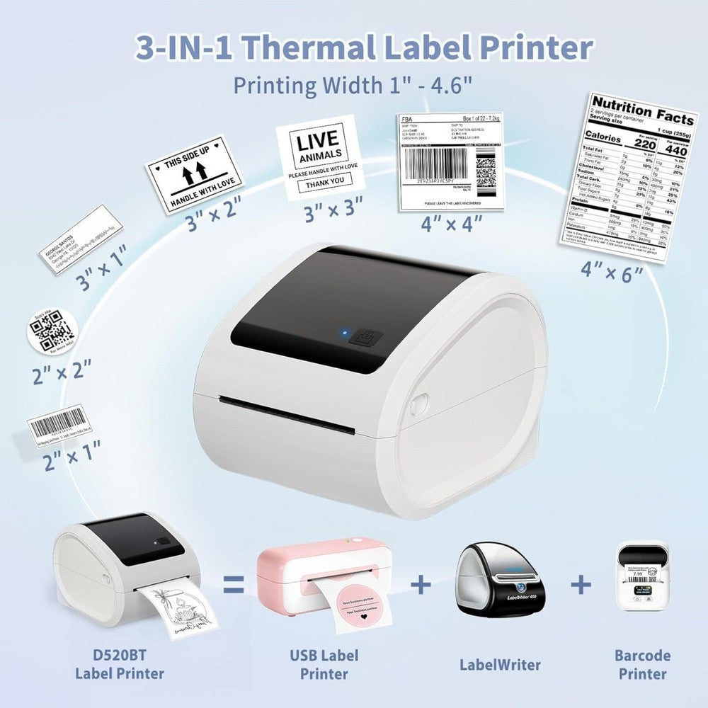 Bluetooth Thermal Label Printer 4x6 - D520BT Thermal Shipping Label Printer