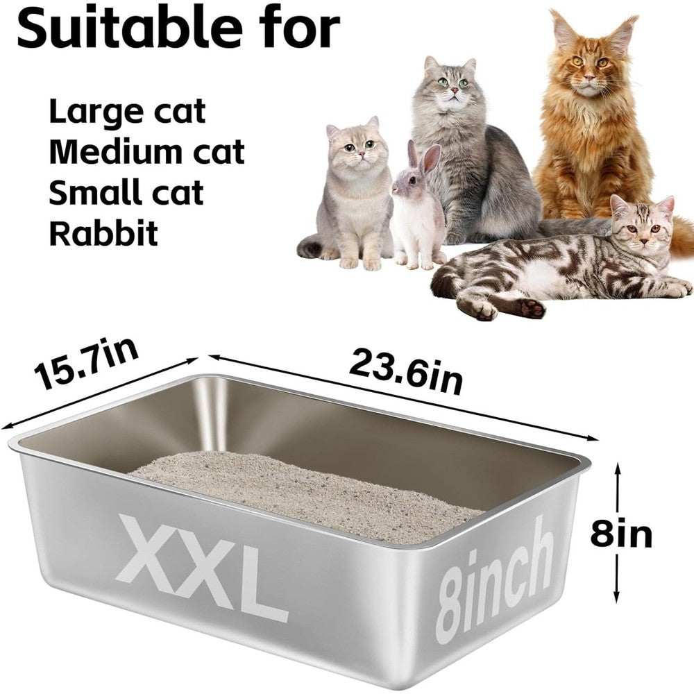 2 Pack 8 Inch XXL Stainless Steel Cat Litter Box Side Metal Kitten Pan Odor-Free