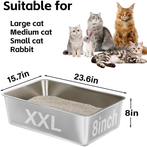 2 Pack 8 Inch XXL Stainless Steel Cat Litter Box Side Metal Kitten Pan Odor-Free