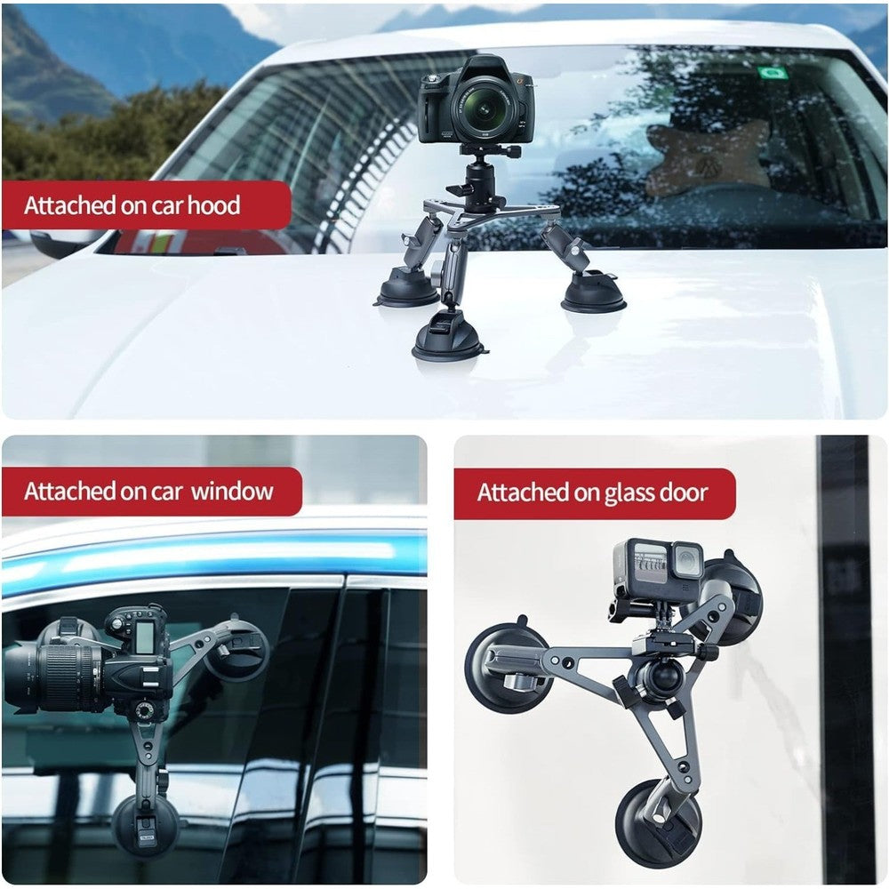 Triple Suction Cup Car Mount with 360 Ball Head for GoPro 13 Insta360 X5 DJI