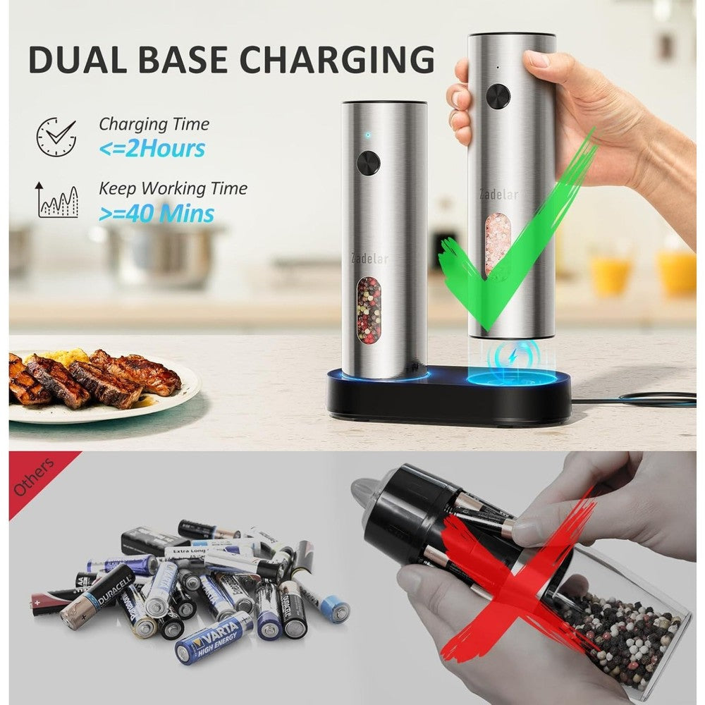 Rechargeable Salt and Pepper Grinder,Stainless Steel with Dual Charging Base