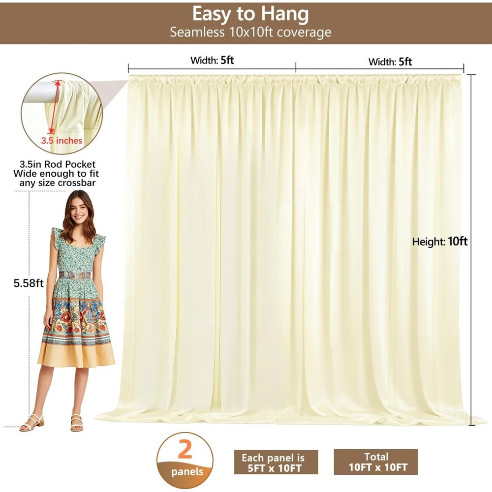 2-Pack 10x10ft Wrinkle-Free Ivory Backdrop Curtain Drapes, for Easy hanging