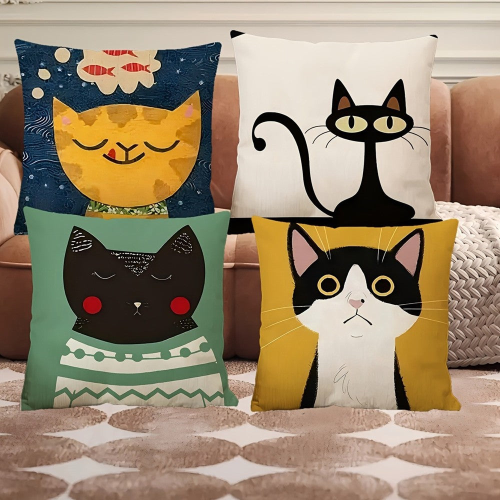 4 Pcs 18*18 Inch Cat Lover Pillowcases,Plush Polyester Cushion Cases with Zipper