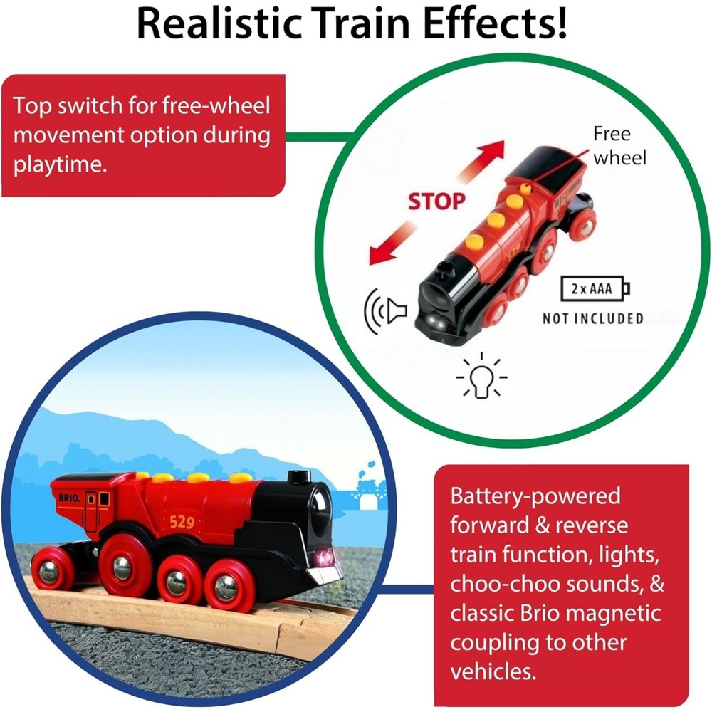 Battery-operated Toy Train for Wooden Track with Light & Sound for All BRIO Sets