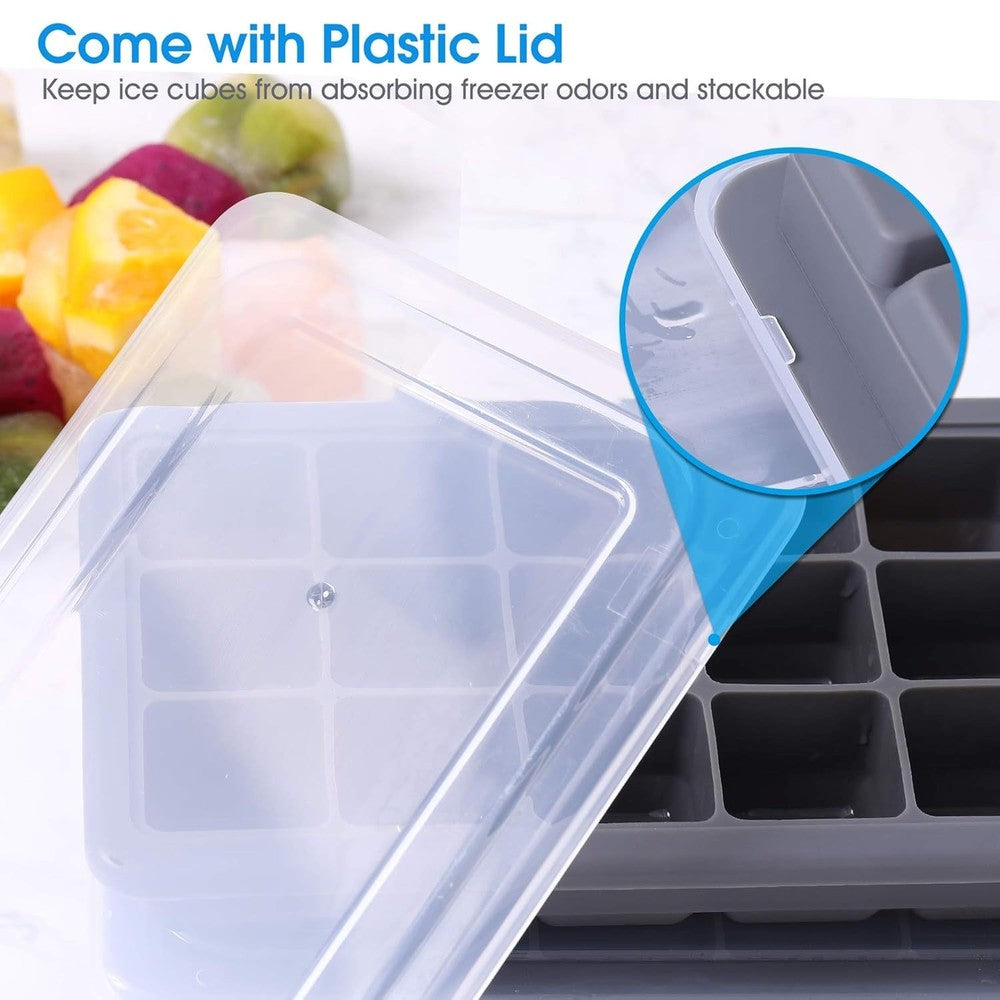 2 Pack Silicone Ice Cube Trays w/ Lid - 21 Cavity Ice Mold Cocktail Coffee Drink