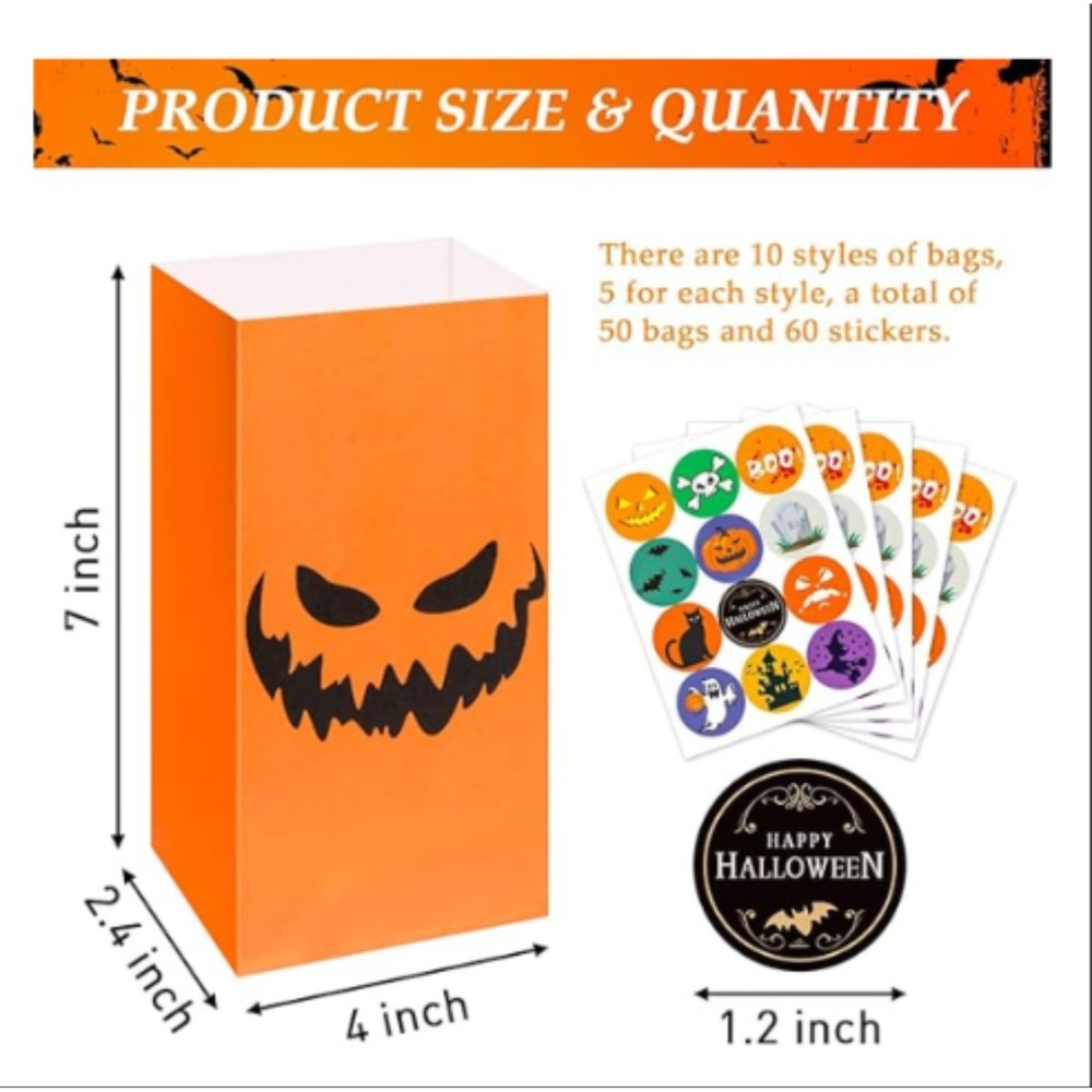 50 Pcs Halloween Candy Bags for Trick or Treating + 60 Pcs Halloween Stickers
