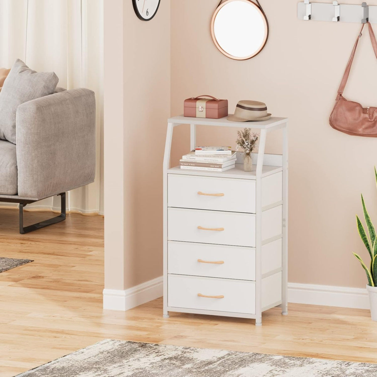 4 Drawers Dresser Vertical Storage Tower Nightstand Bedside Table Wood Top