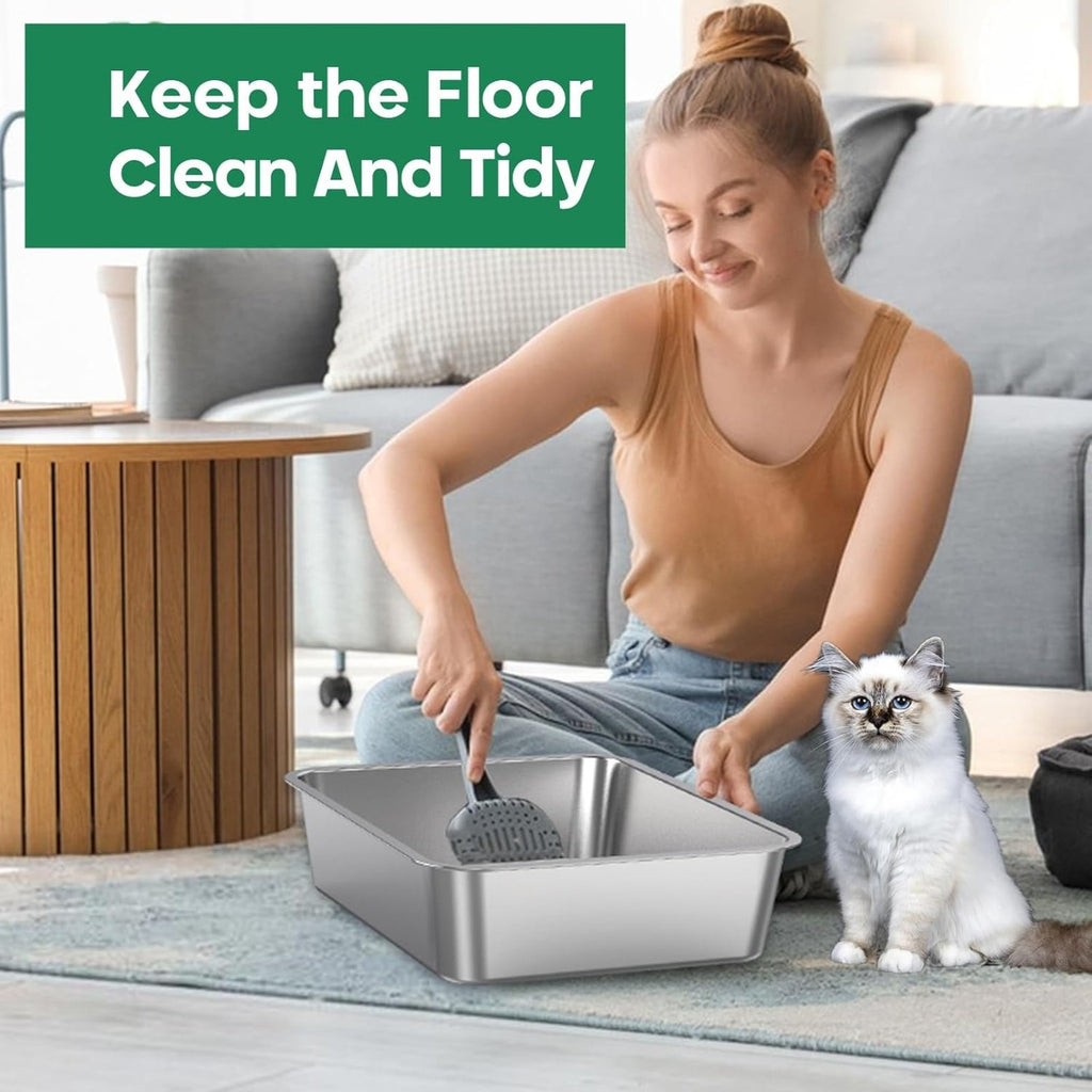 2 Pack 8 Inch XXL Stainless Steel Cat Litter Box Side Metal Kitten Pan Odor-Free