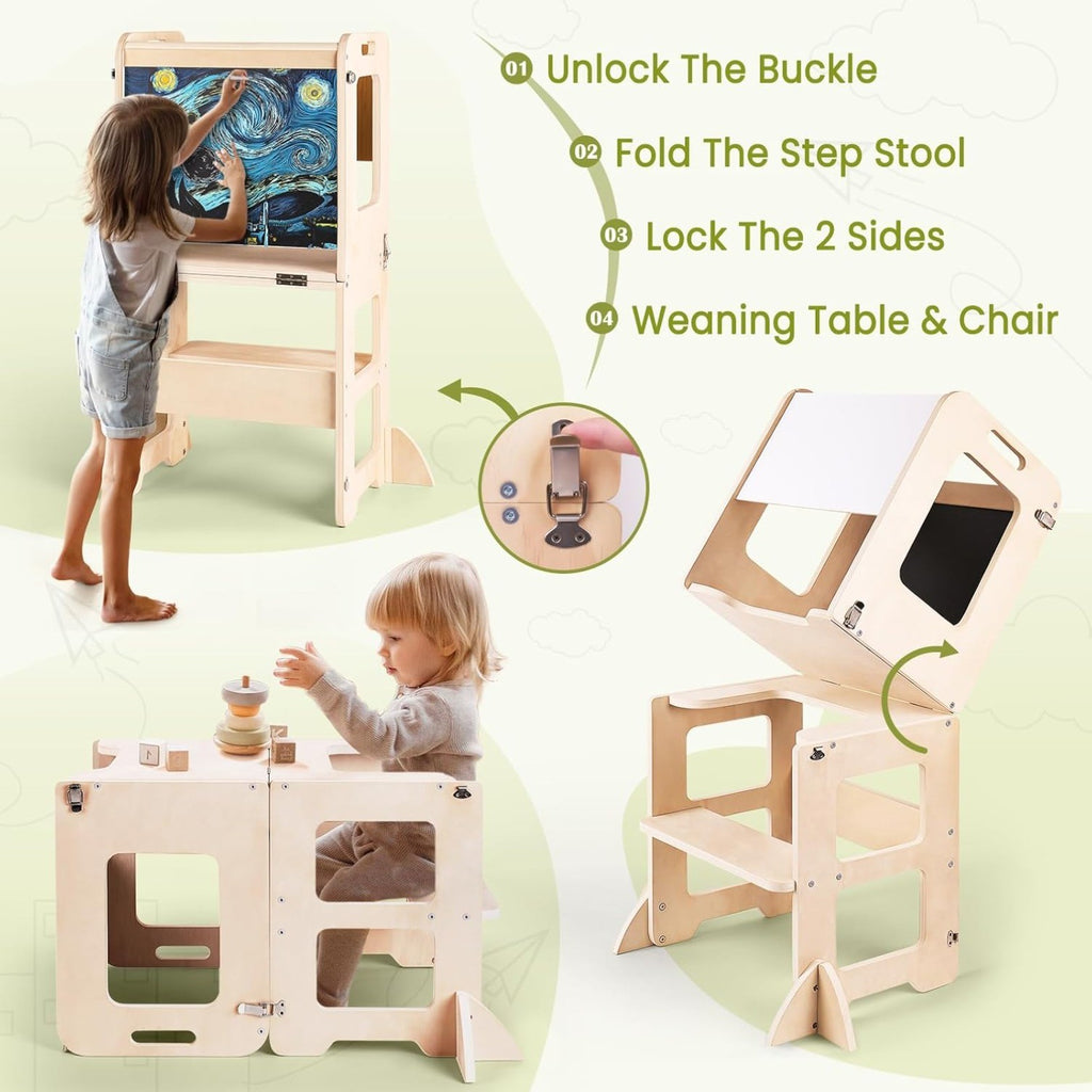 4-in-1 Toddler Kitchen Step Stool, Learning Standing Tower with Chalkboard