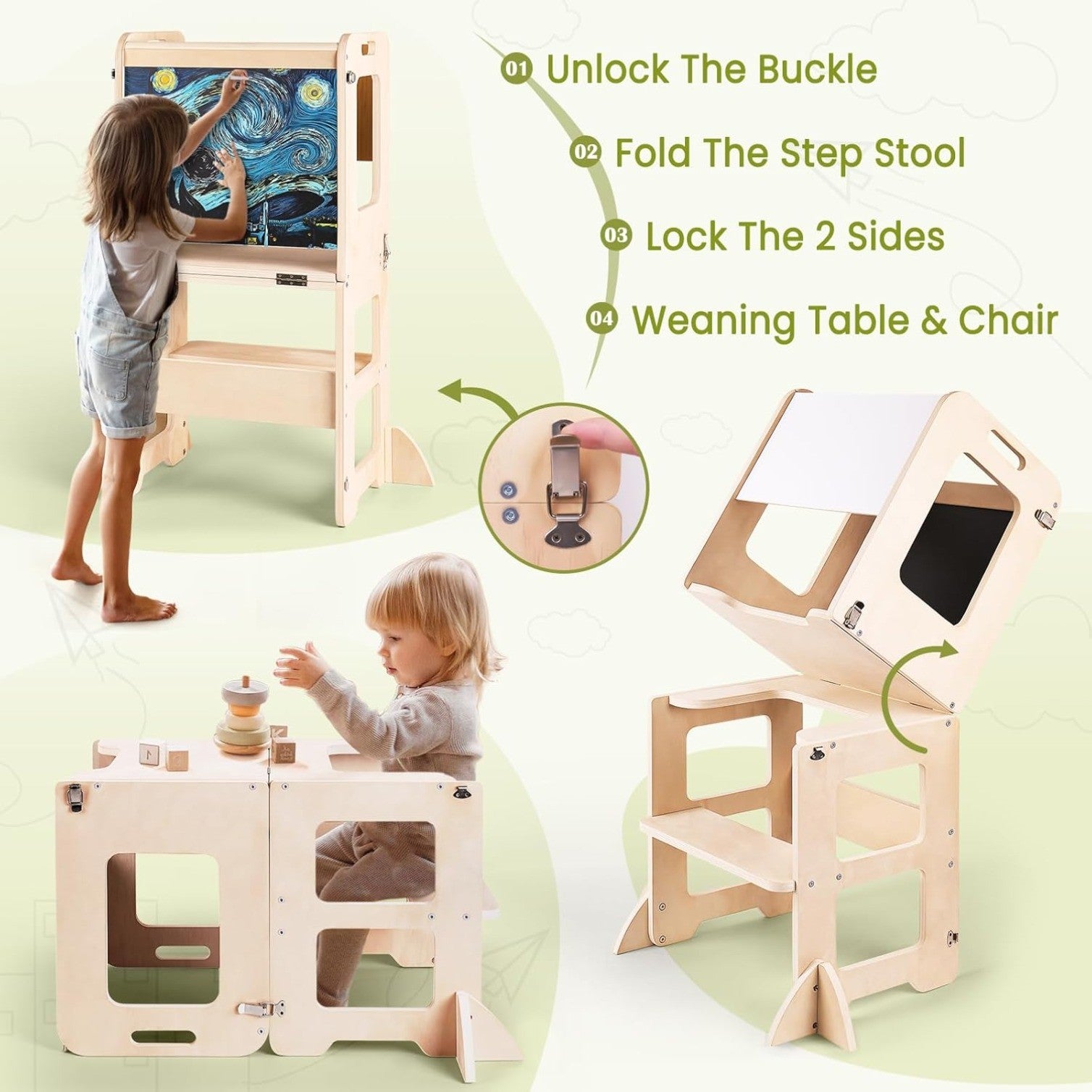 4-in-1 Toddler Kitchen Step Stool, Learning Standing Tower with Chalkboard