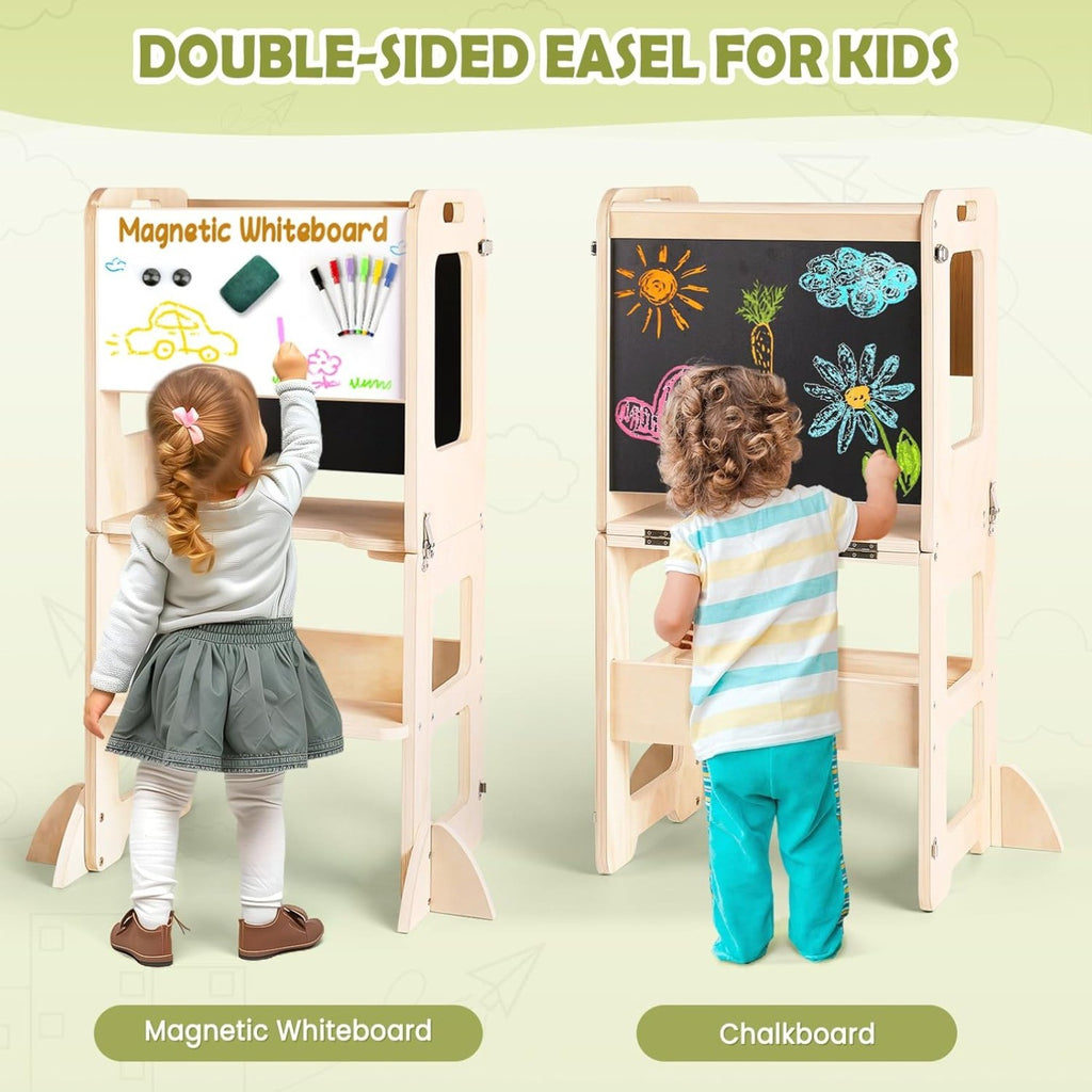 4-in-1 Toddler Kitchen Step Stool, Learning Standing Tower with Chalkboard