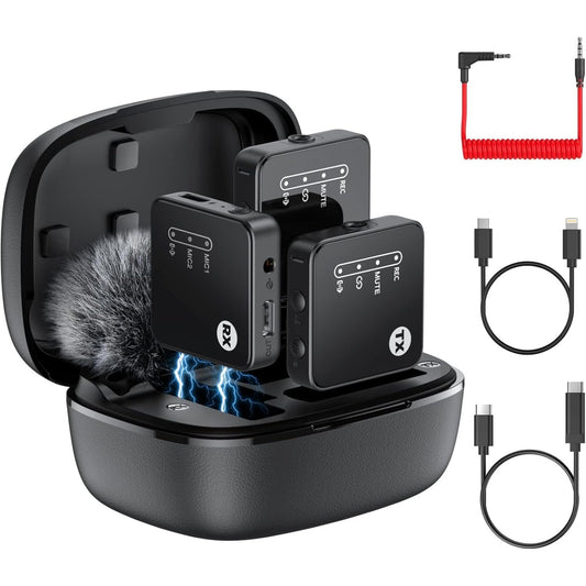 Wireless Lavalier Microphone for phones/DSLR Camera Camcorder, 2.4G Dual Channel
