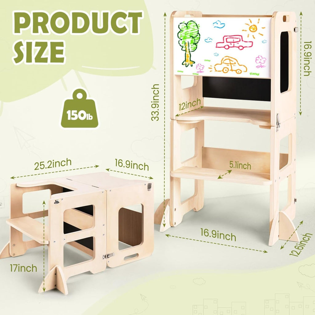 4-in-1 Toddler Kitchen Step Stool, Learning Standing Tower with Chalkboard
