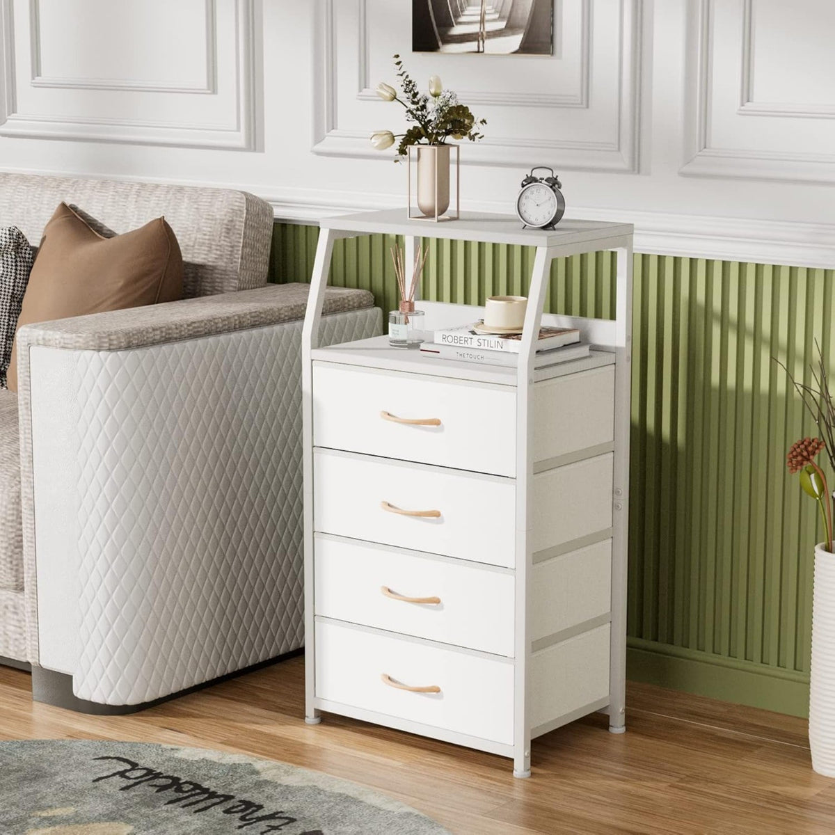 4 Drawers Dresser Vertical Storage Tower Nightstand Bedside Table Wood Top