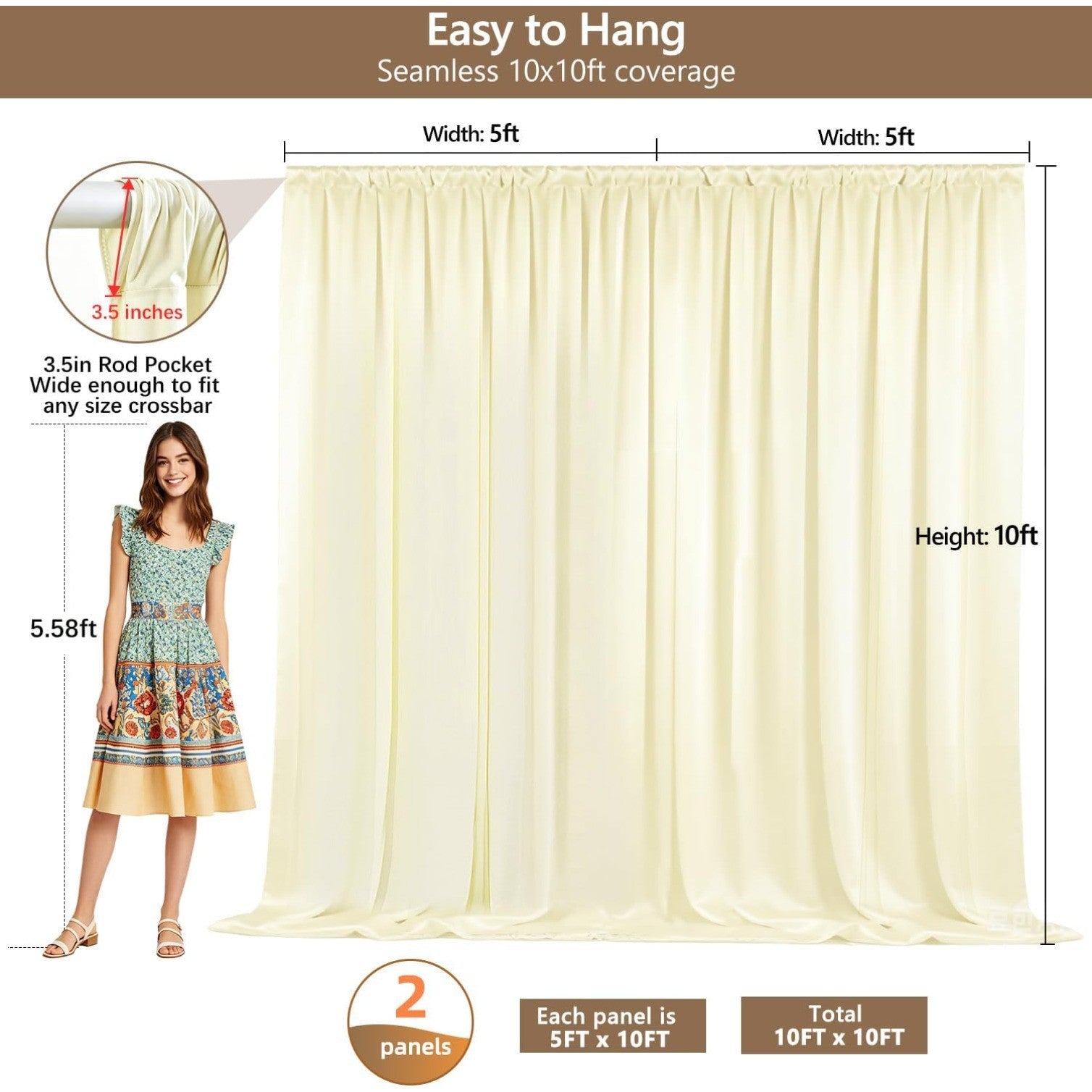 2-Pack 10x10ft Wrinkle-Free Ivory Backdrop Curtain Drapes, for Easy hanging