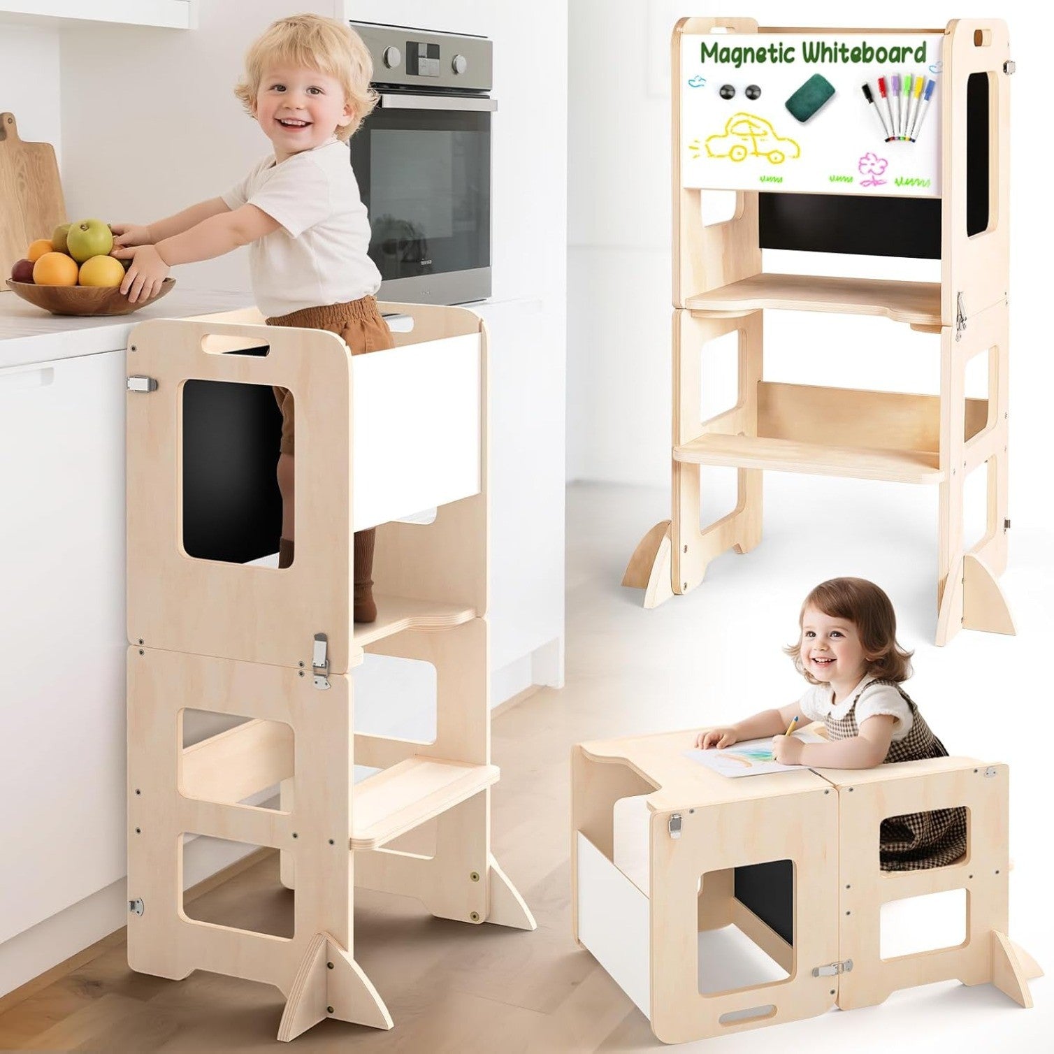 4-in-1 Toddler Kitchen Step Stool, Learning Standing Tower with Chalkboard