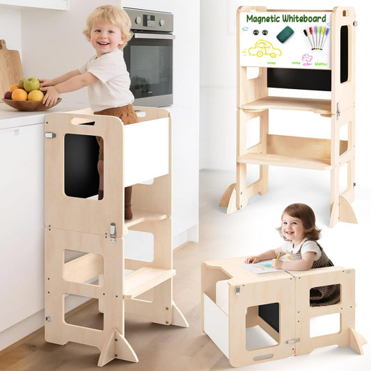 4-in-1 Toddler Kitchen Step Stool, Learning Standing Tower with Chalkboard