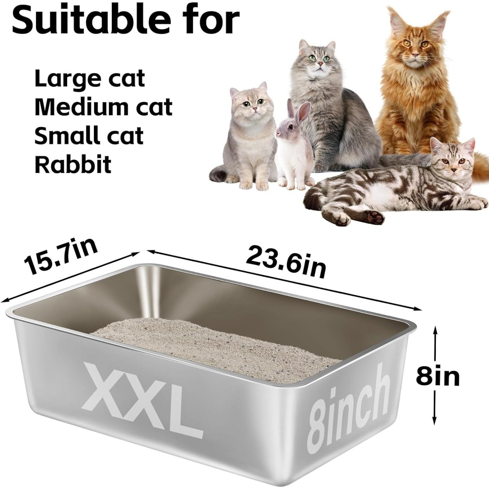 2 Pack 8 Inch XXL Stainless Steel Cat Litter Box Side Metal Kitten Pan Odor-Free