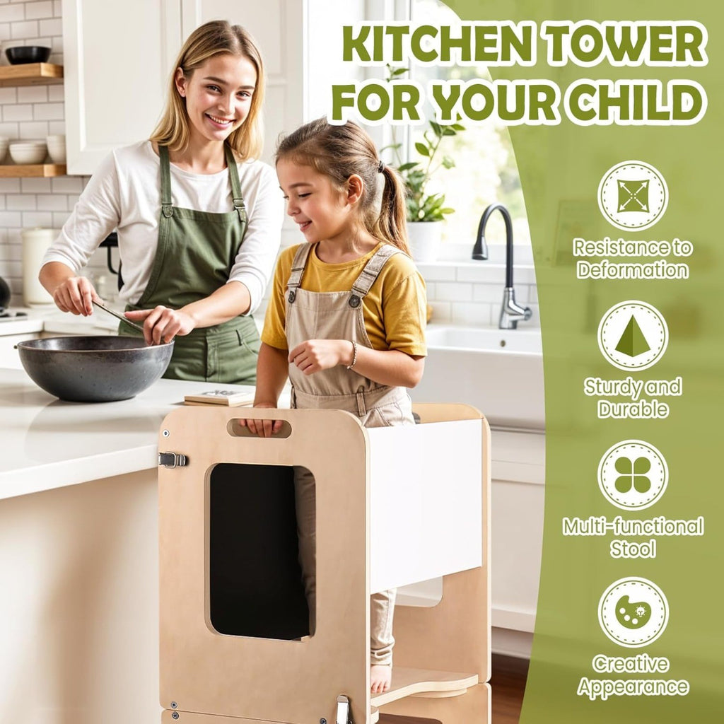 4-in-1 Toddler Kitchen Step Stool, Learning Standing Tower with Chalkboard