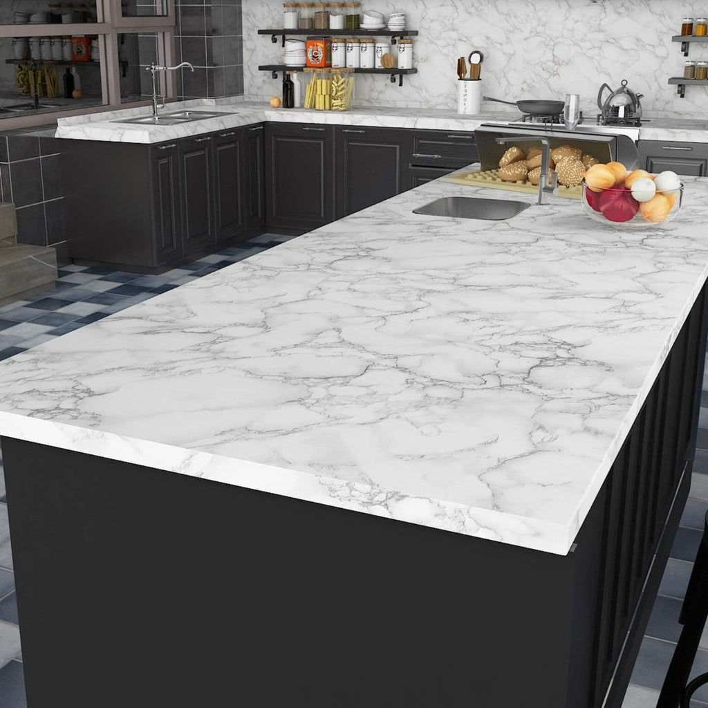 36 x197'' Wide Thick White Marble Contact Paper for Countertops Peel & Stick