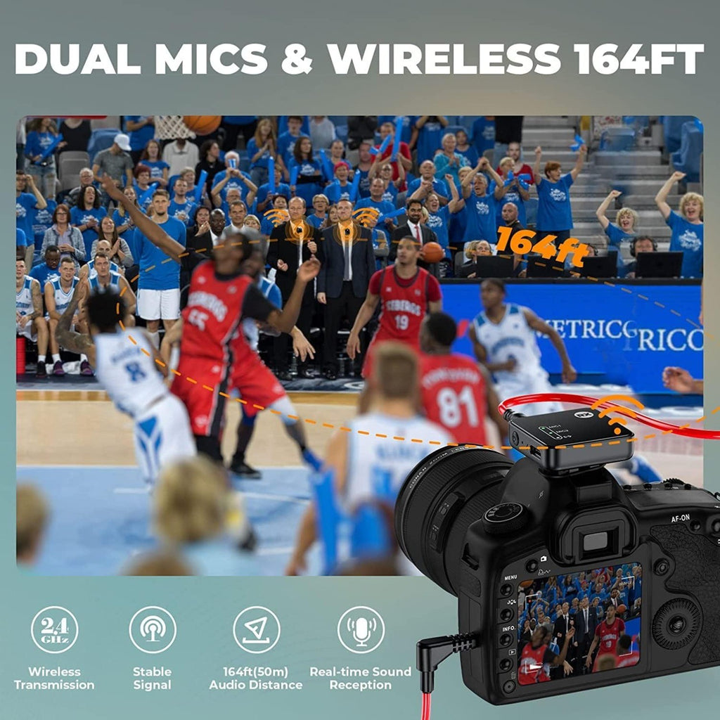 Wireless Lavalier Microphone for phones/DSLR Camera Camcorder, 2.4G Dual Channel