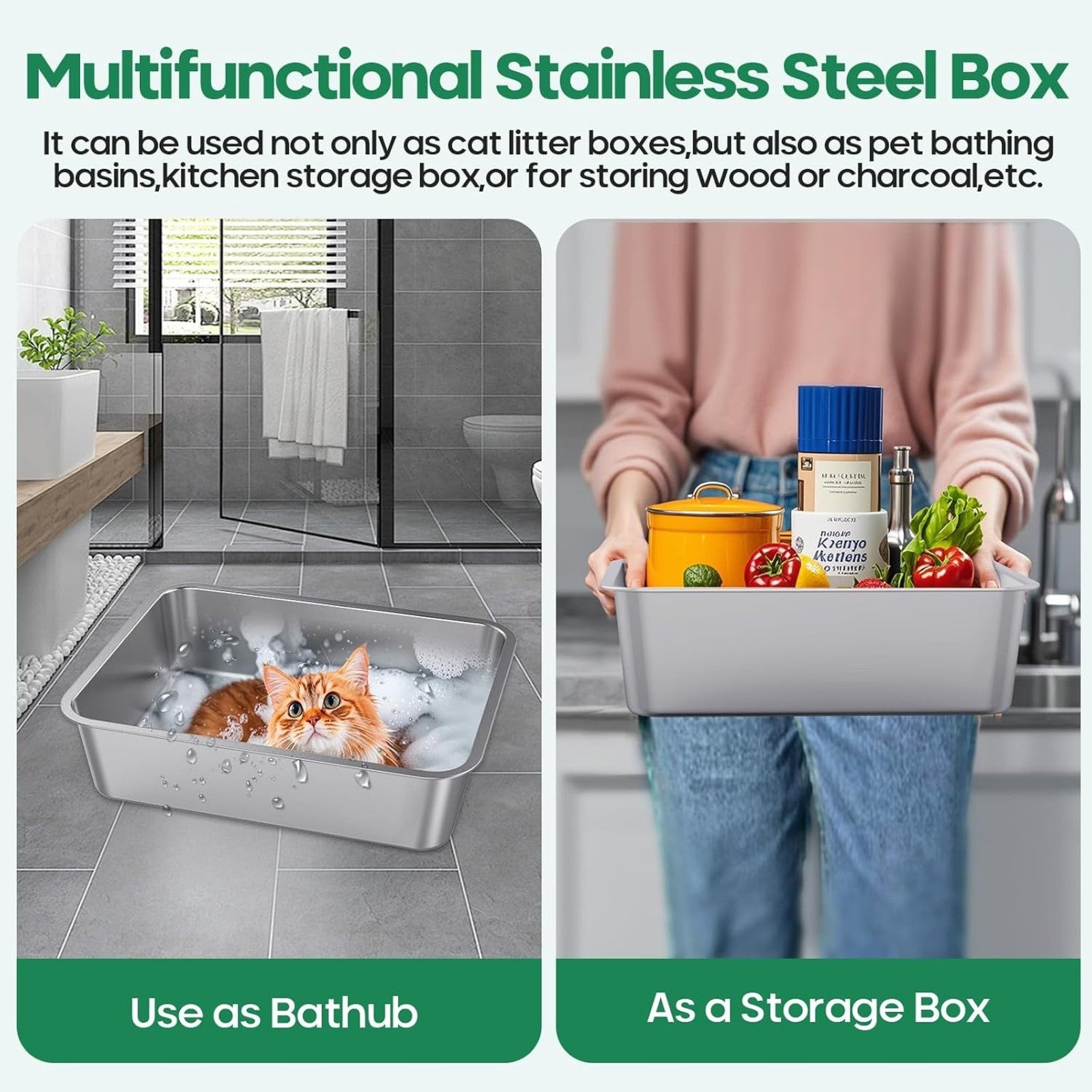 2 Pack 8 Inch XXL Stainless Steel Cat Litter Box Side Metal Kitten Pan Odor-Free