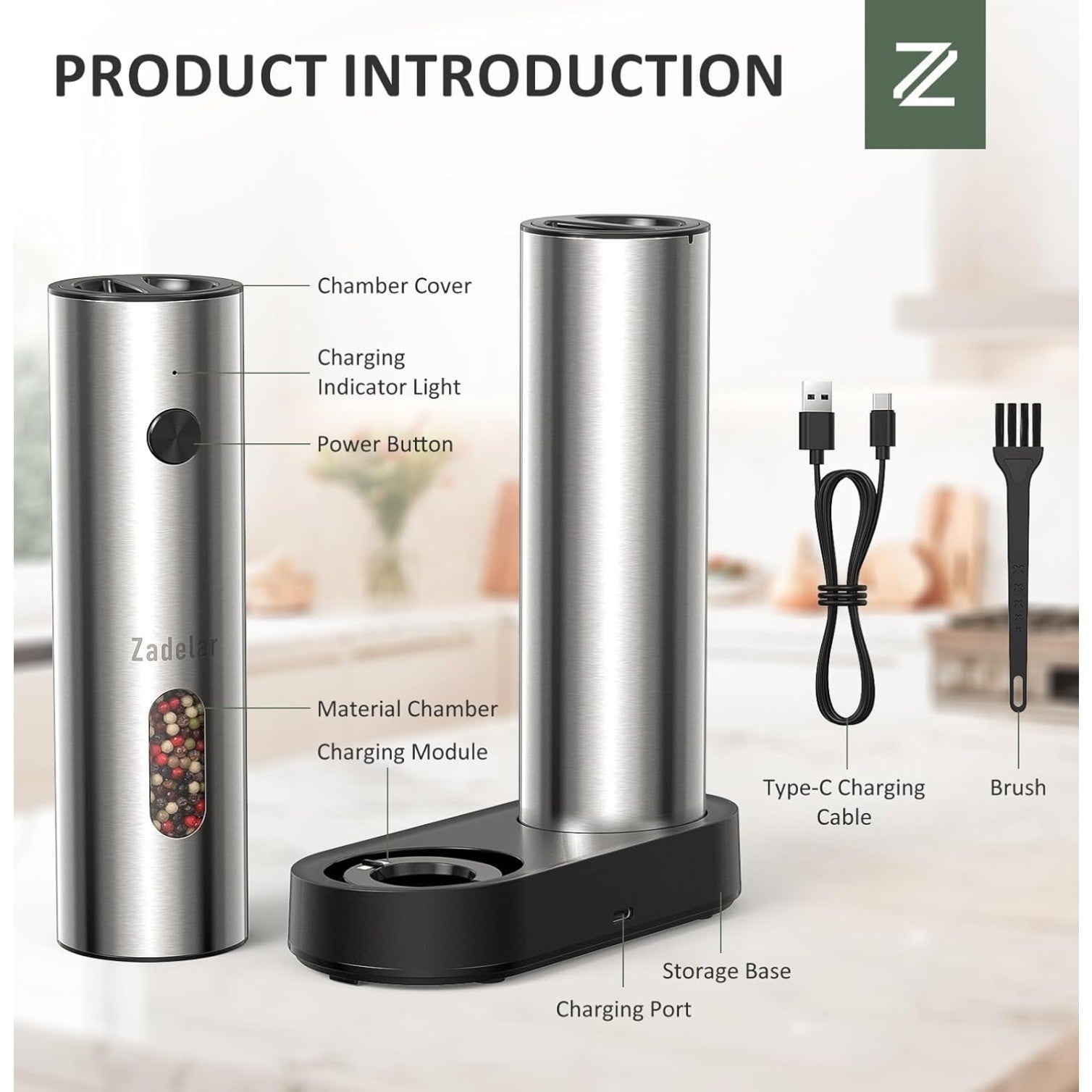 Rechargeable Salt and Pepper Grinder,Stainless Steel with Dual Charging Base