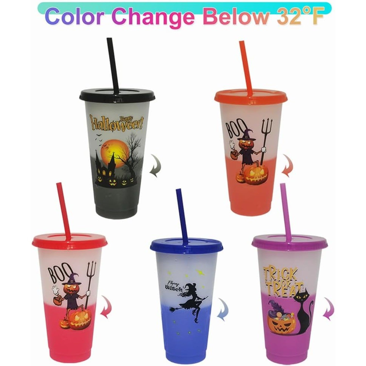 10pack Color Changing Halloween Cups With Lids & Straws,24oz Plastic Tumblers