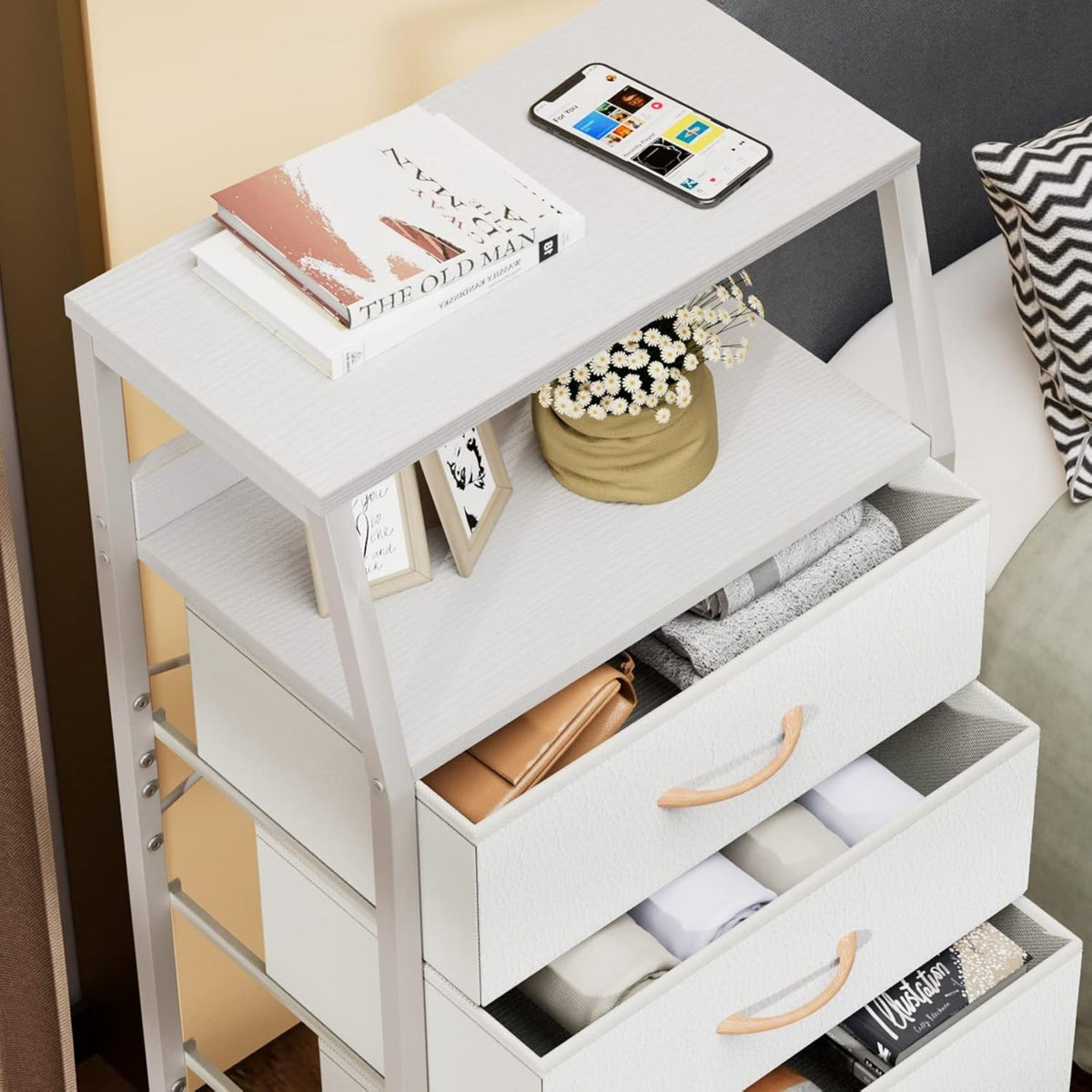 4 Drawers Dresser Vertical Storage Tower Nightstand Bedside Table Wood Top