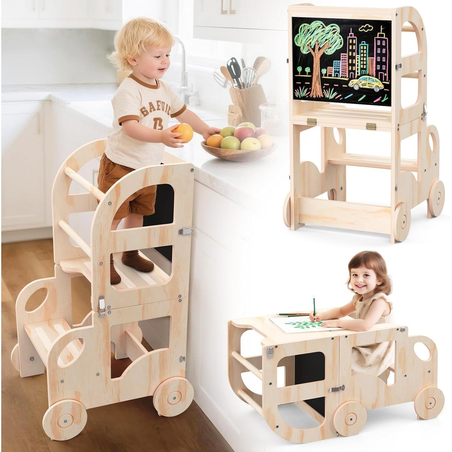 4-in-1 Toddler Kitchen Step Stool, Learning Standing Tower with Chalkboard