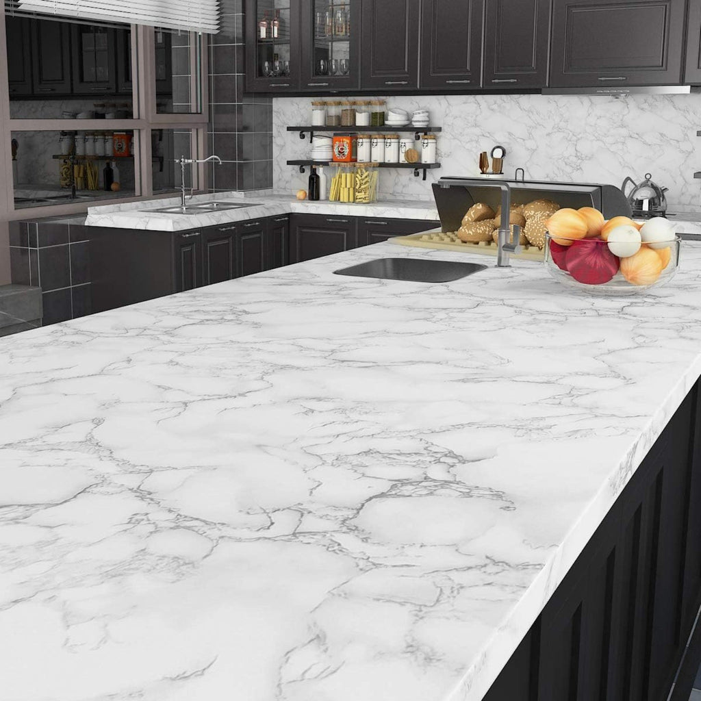 36 x197'' Wide Thick White Marble Contact Paper for Countertops Peel & Stick