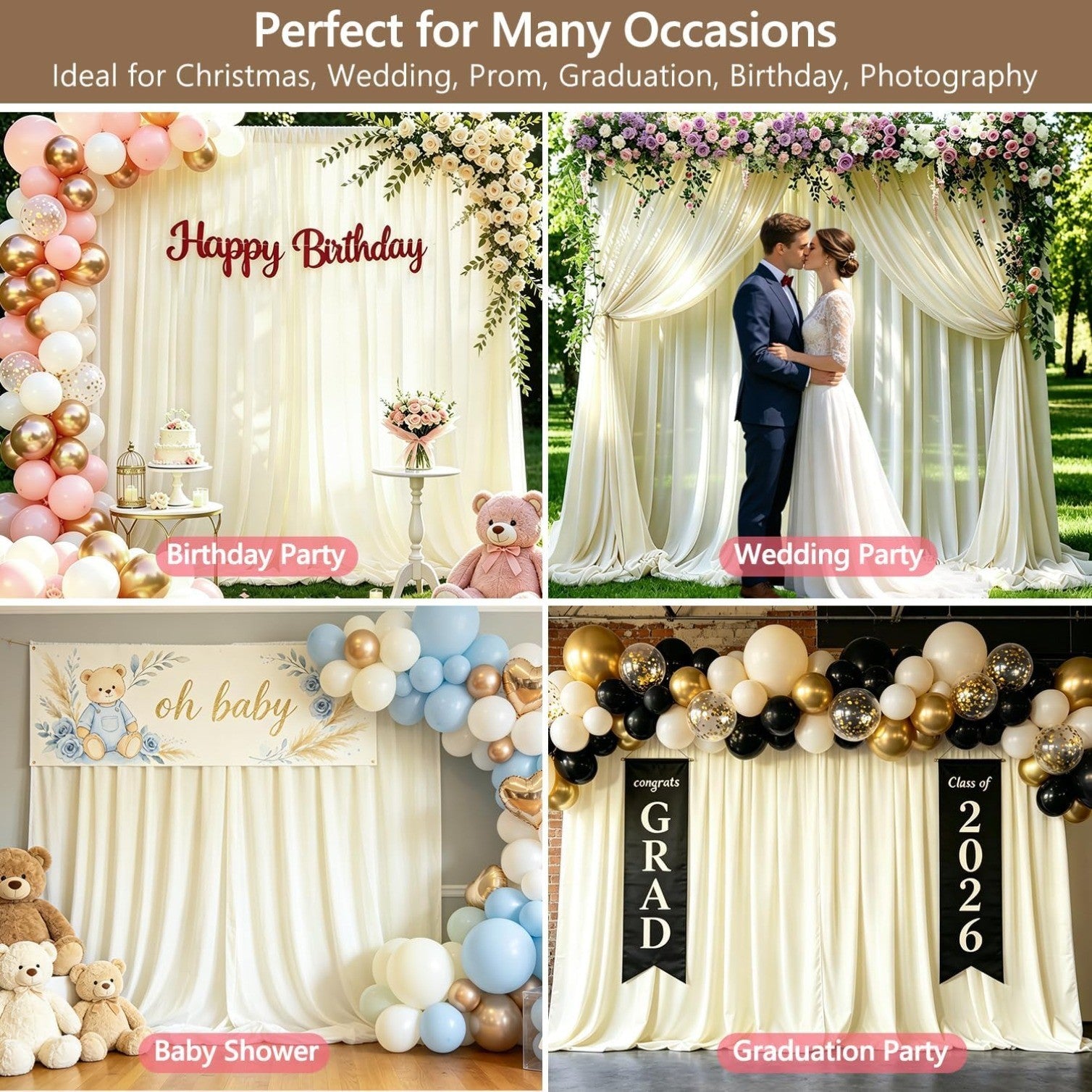2-Pack 10x10ft Wrinkle-Free Ivory Backdrop Curtain Drapes, for Easy hanging