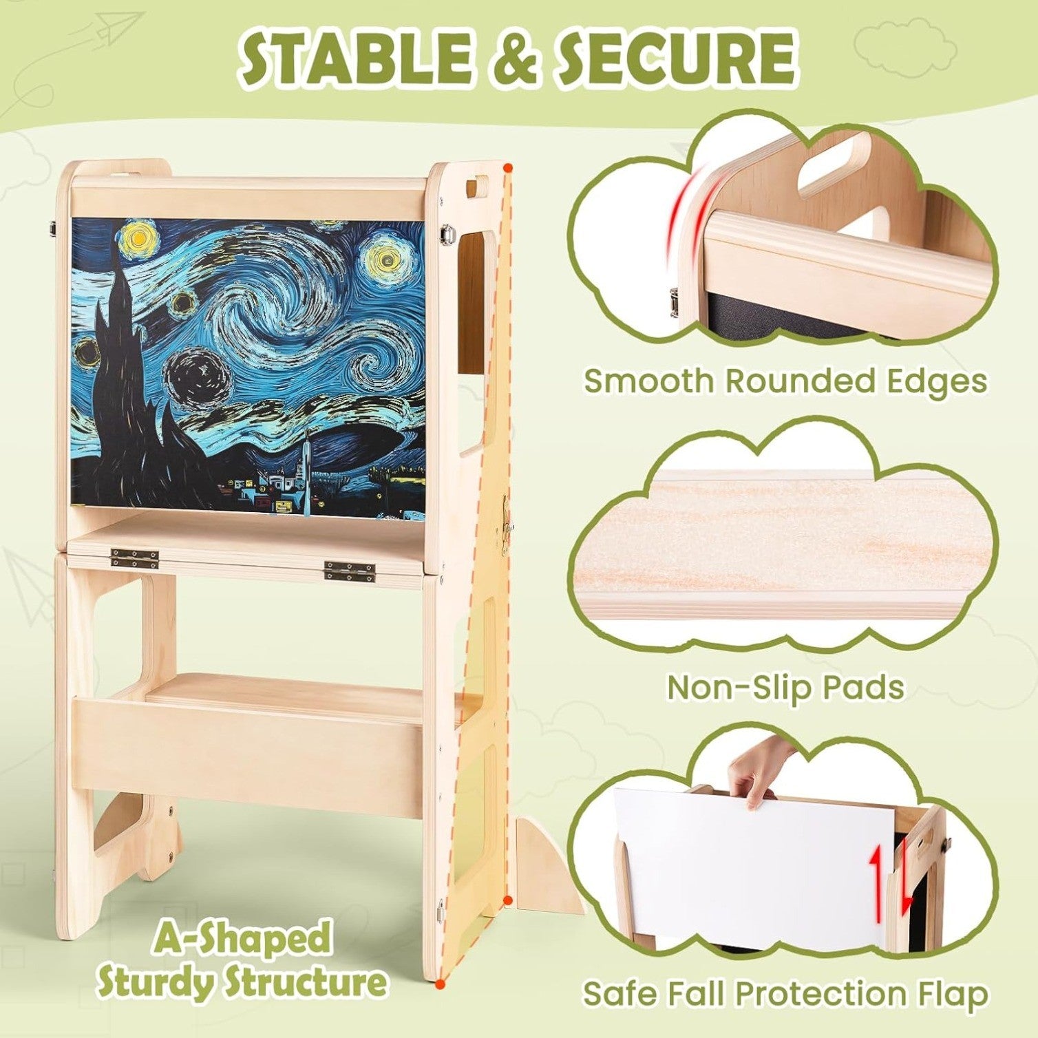 4-in-1 Toddler Kitchen Step Stool, Learning Standing Tower with Chalkboard