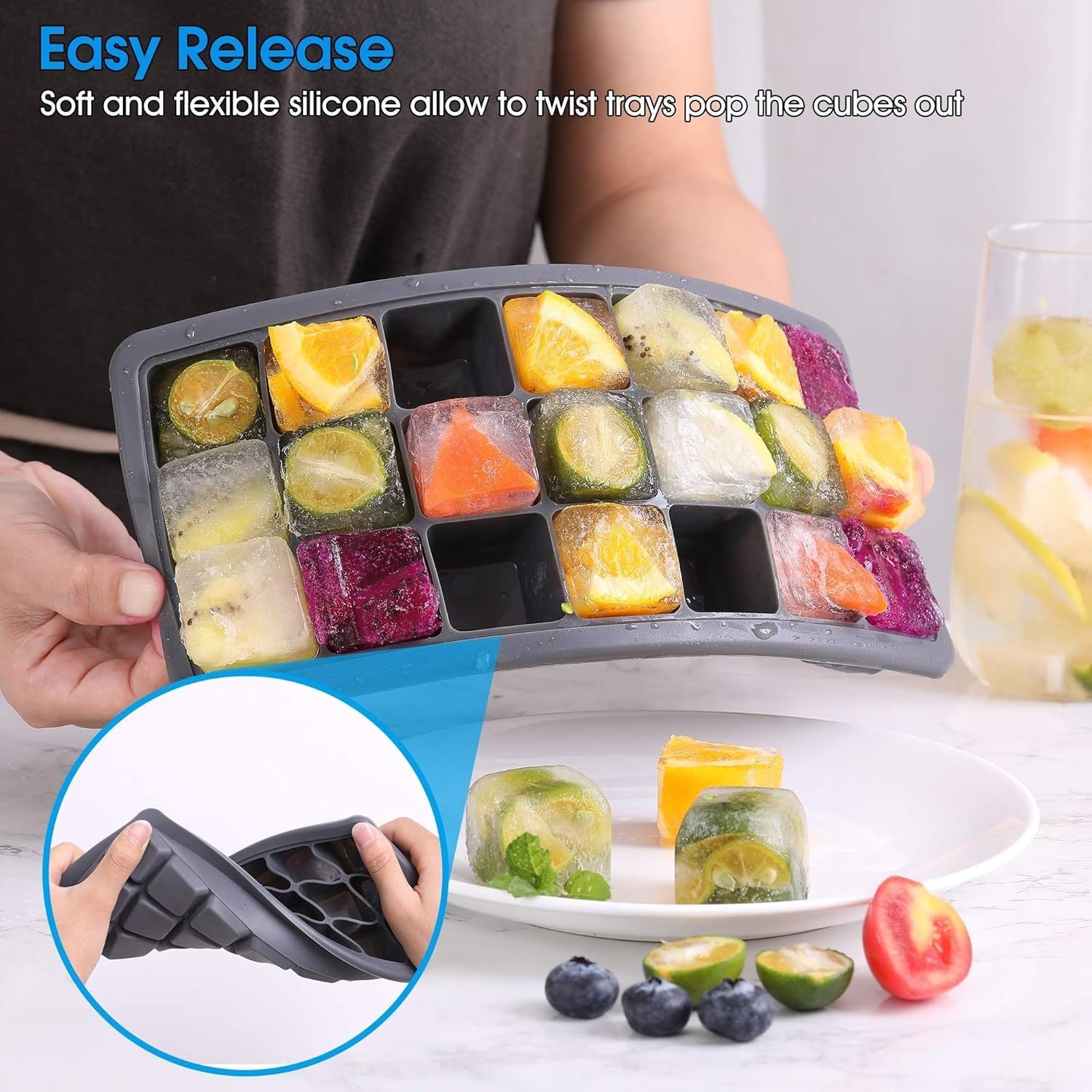 2 Pack Silicone Ice Cube Trays w/ Lid - 21 Cavity Ice Mold Cocktail Coffee Drink